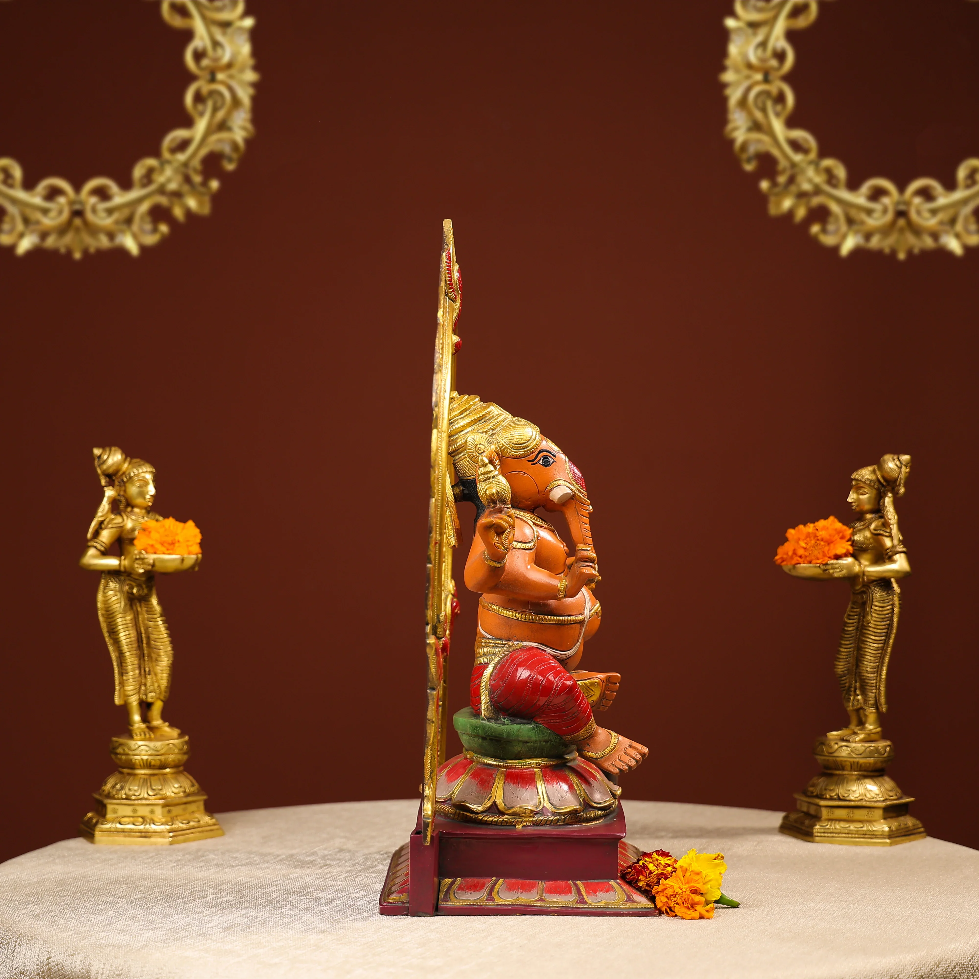 Coloured Brass Idol Of Lord Ganesh On Lotus - Image 5