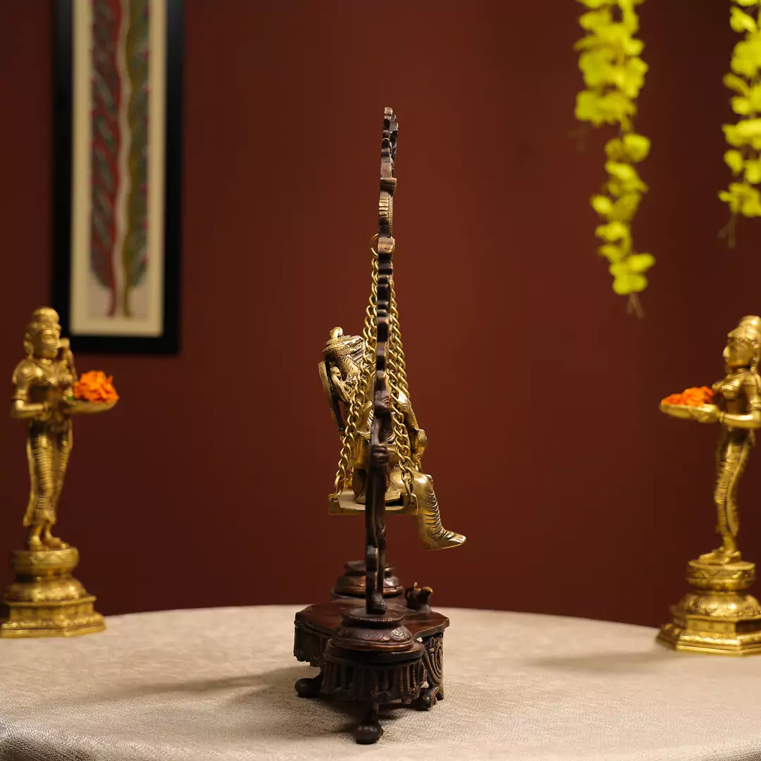 18" Coloured Brass Lord Ganesha on Swings Seated Idol Brown Antique Finish - Image 3
