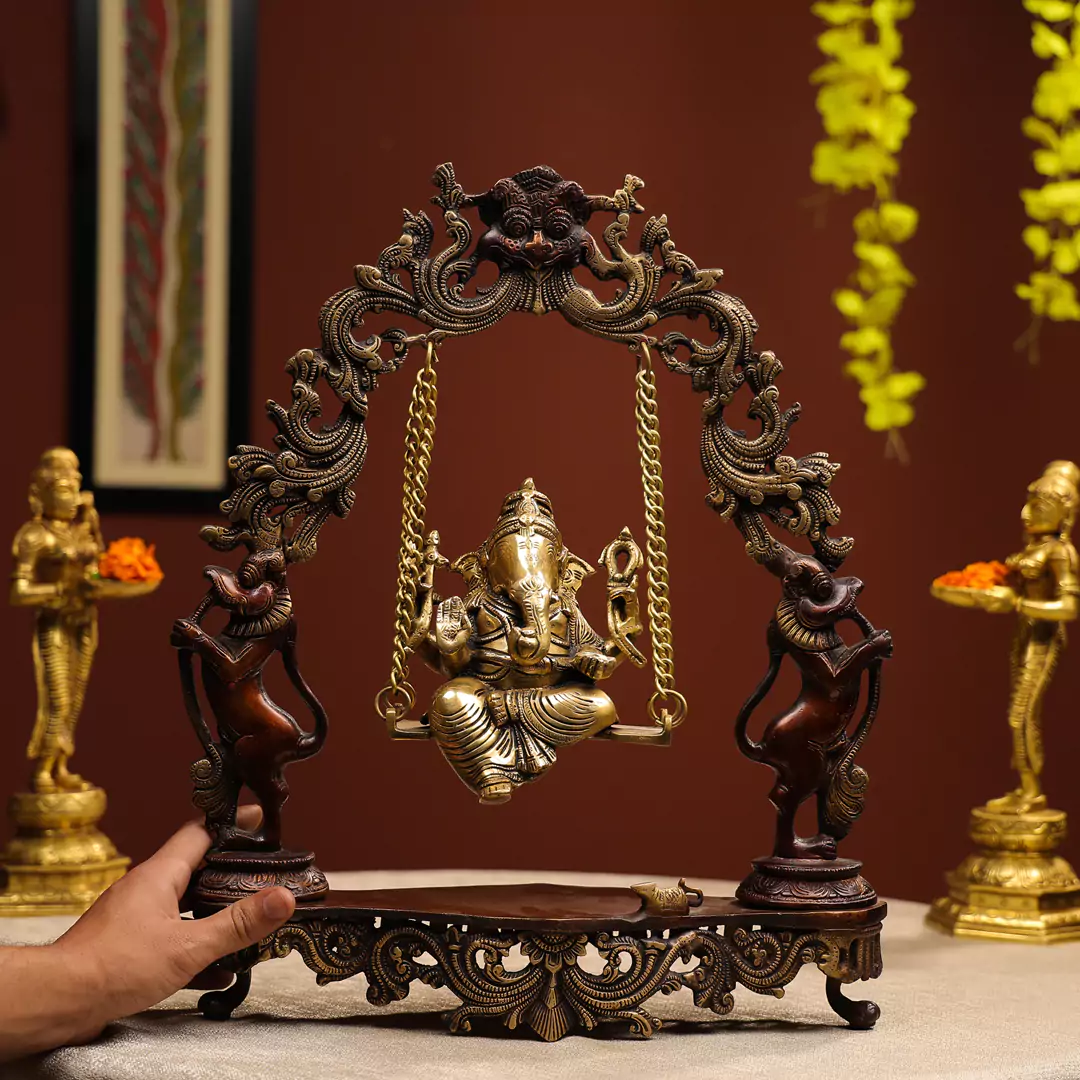 18" Coloured Brass Lord Ganesha on Swings Seated Idol Brown Antique Finish - Image 4