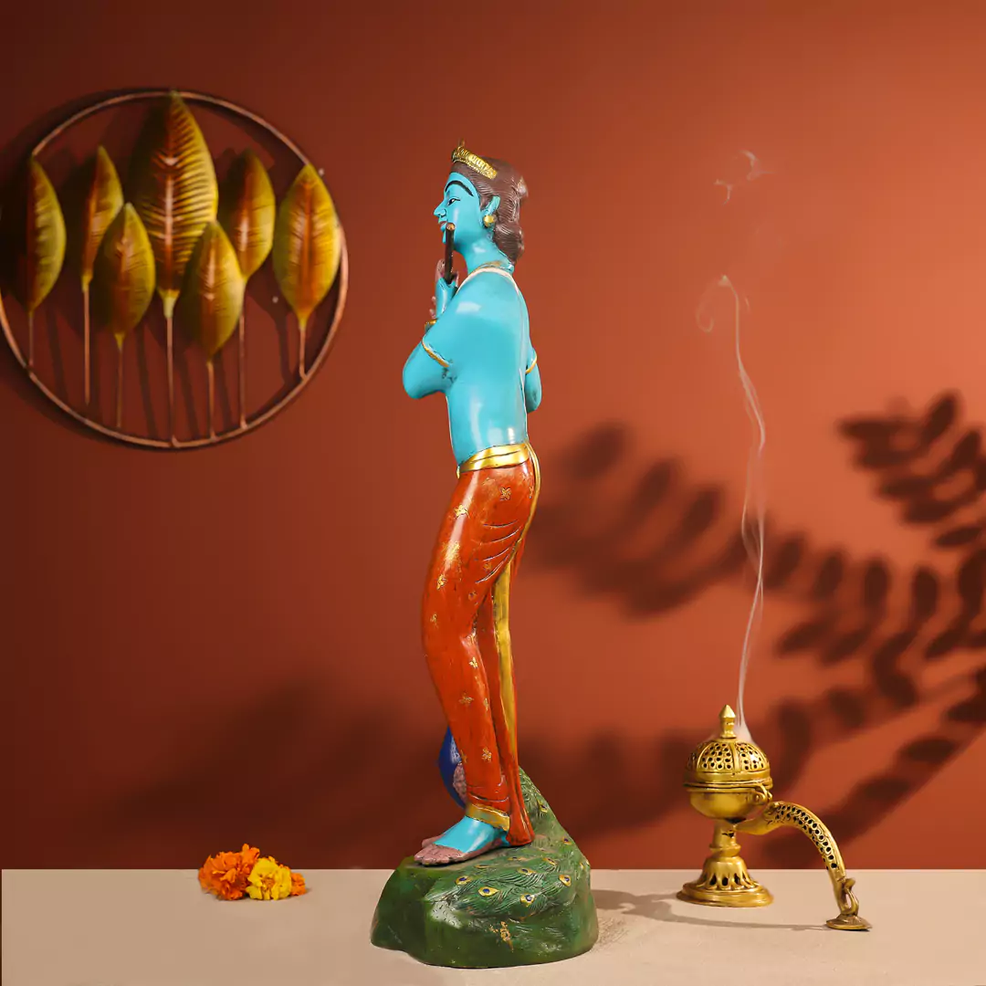 29" Coloured Brass Krishna Idol Fluting In Standing Pose With A Peacock On The Rock - Image 3