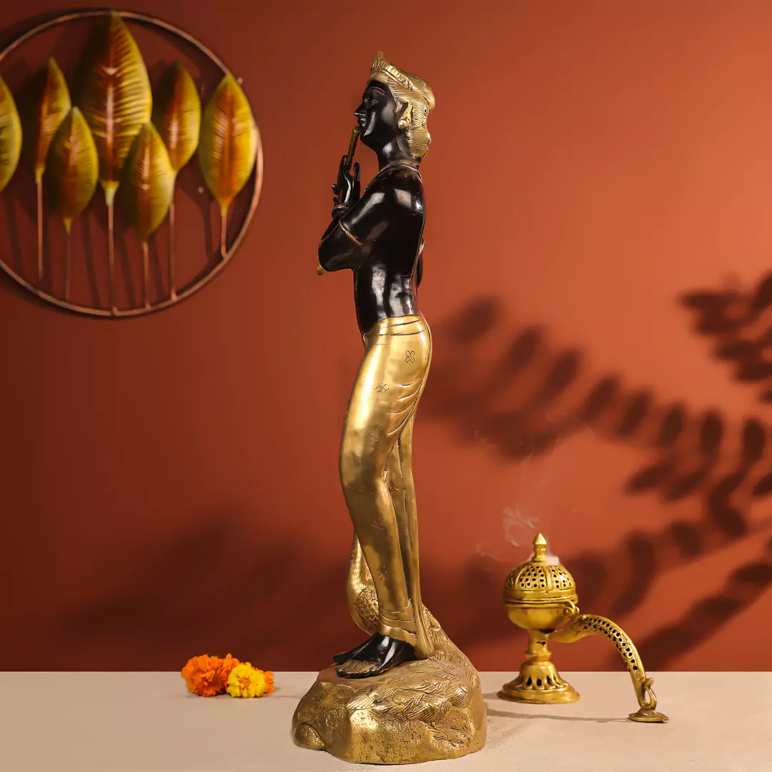 29" Black Coloured Brass Krishna Idol Fluting In Standing Pose With A Peacock On The Rock - Image 3