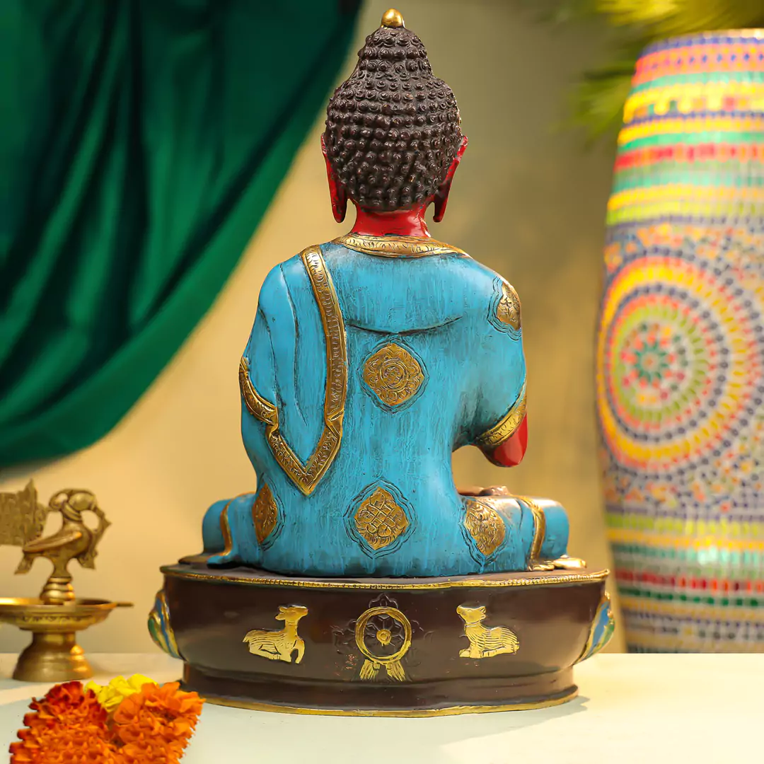 17" Coloured Brass Lord Buddha Seated Idol On Lotus Base - Image 3