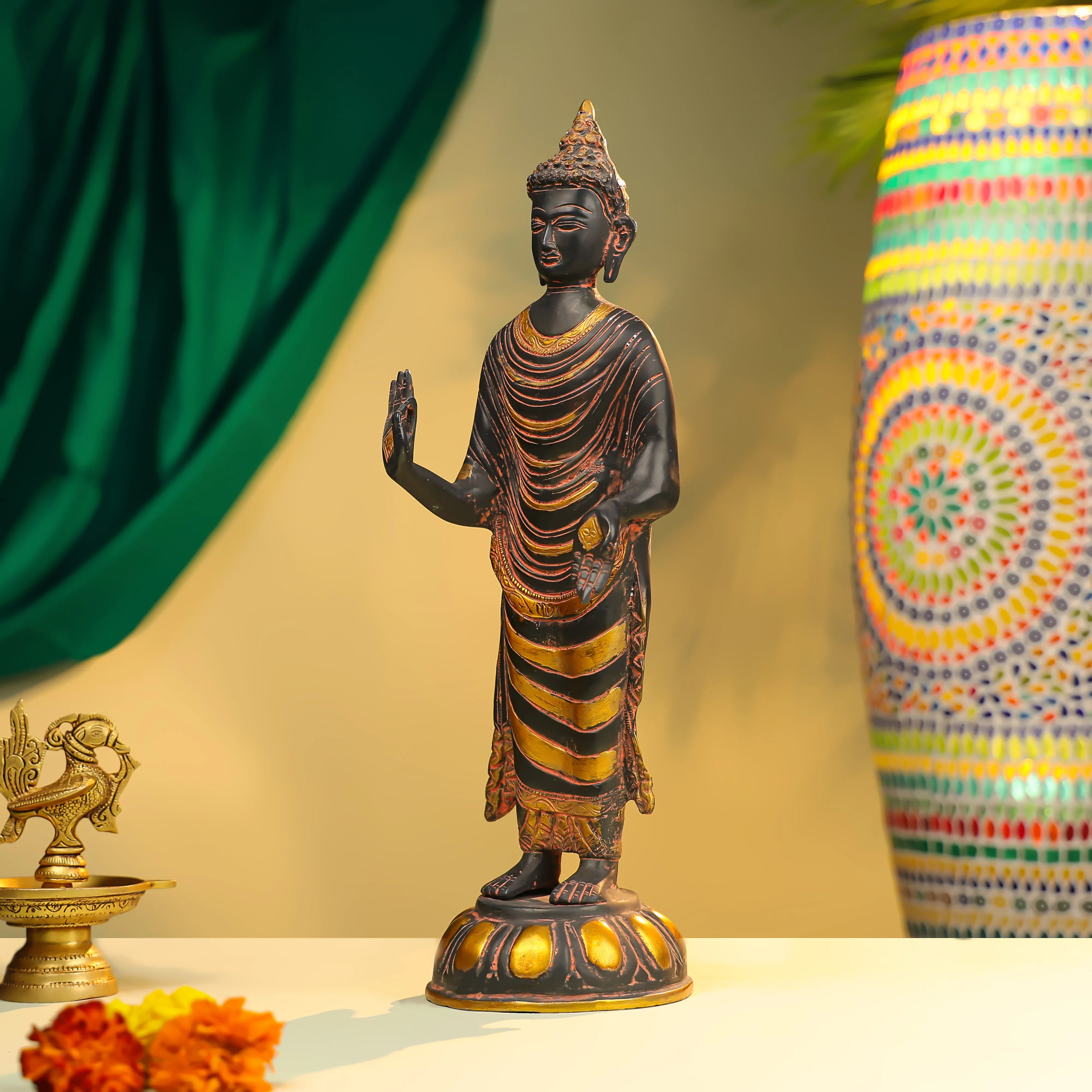 16" Coloured Brass Lord Buddha Standing - Image 2