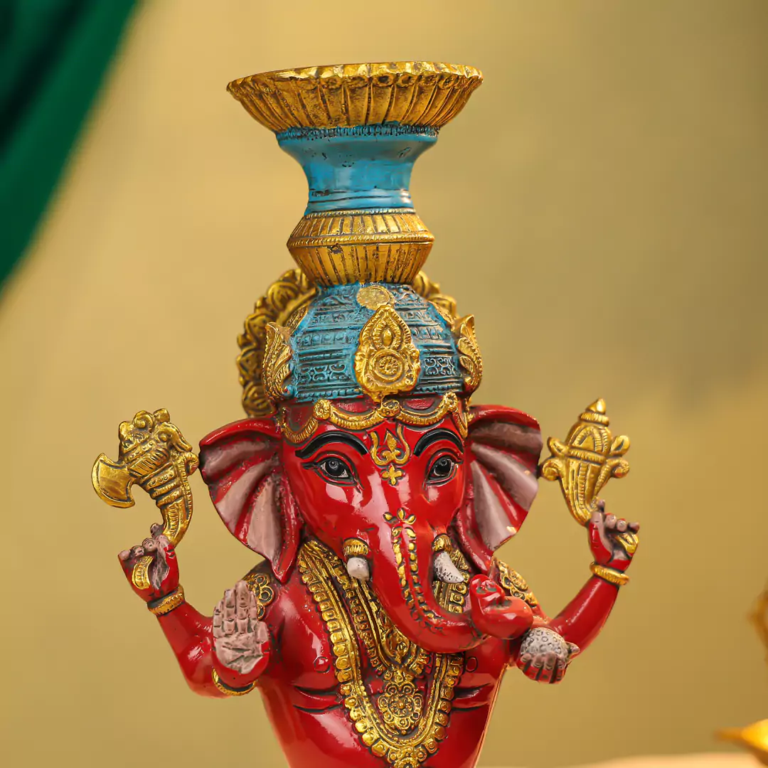 14" Coloured Brass Lord Ganesha Candle Stand - Image 4