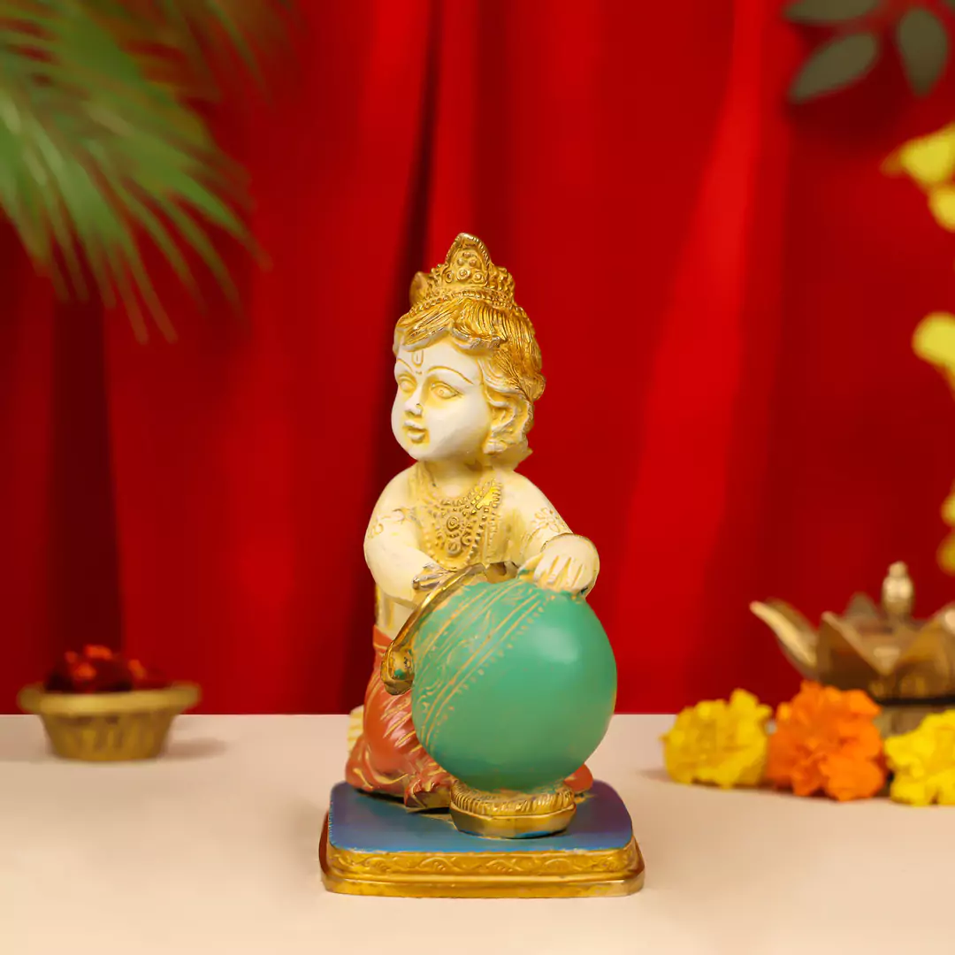 7.5" Coloured Brass Lord Krishna Makhan Chor Idol - Image 3