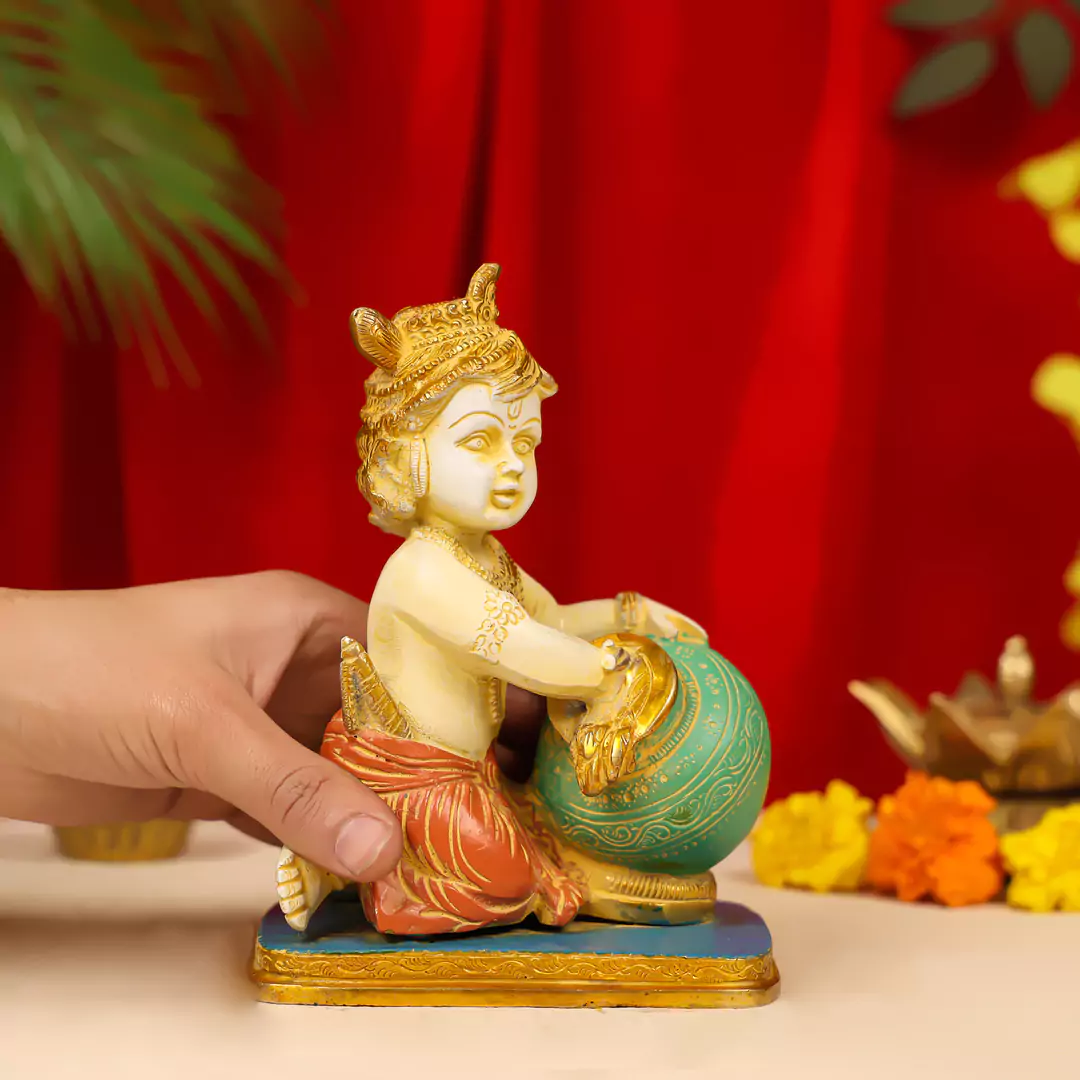 7.5" Coloured Brass Lord Krishna Makhan Chor Idol - Image 5