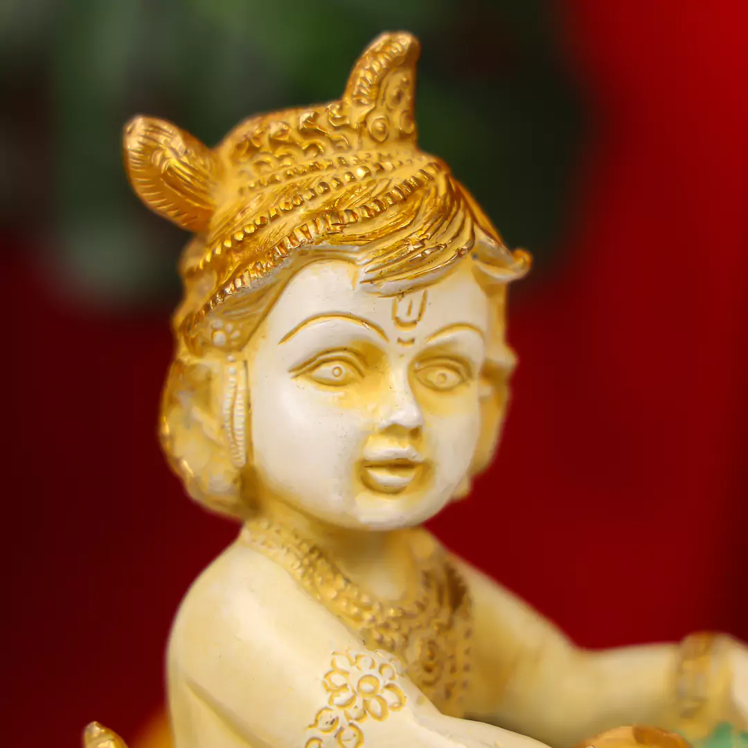 7.5" Coloured Brass Lord Krishna Makhan Chor Idol - Image 6