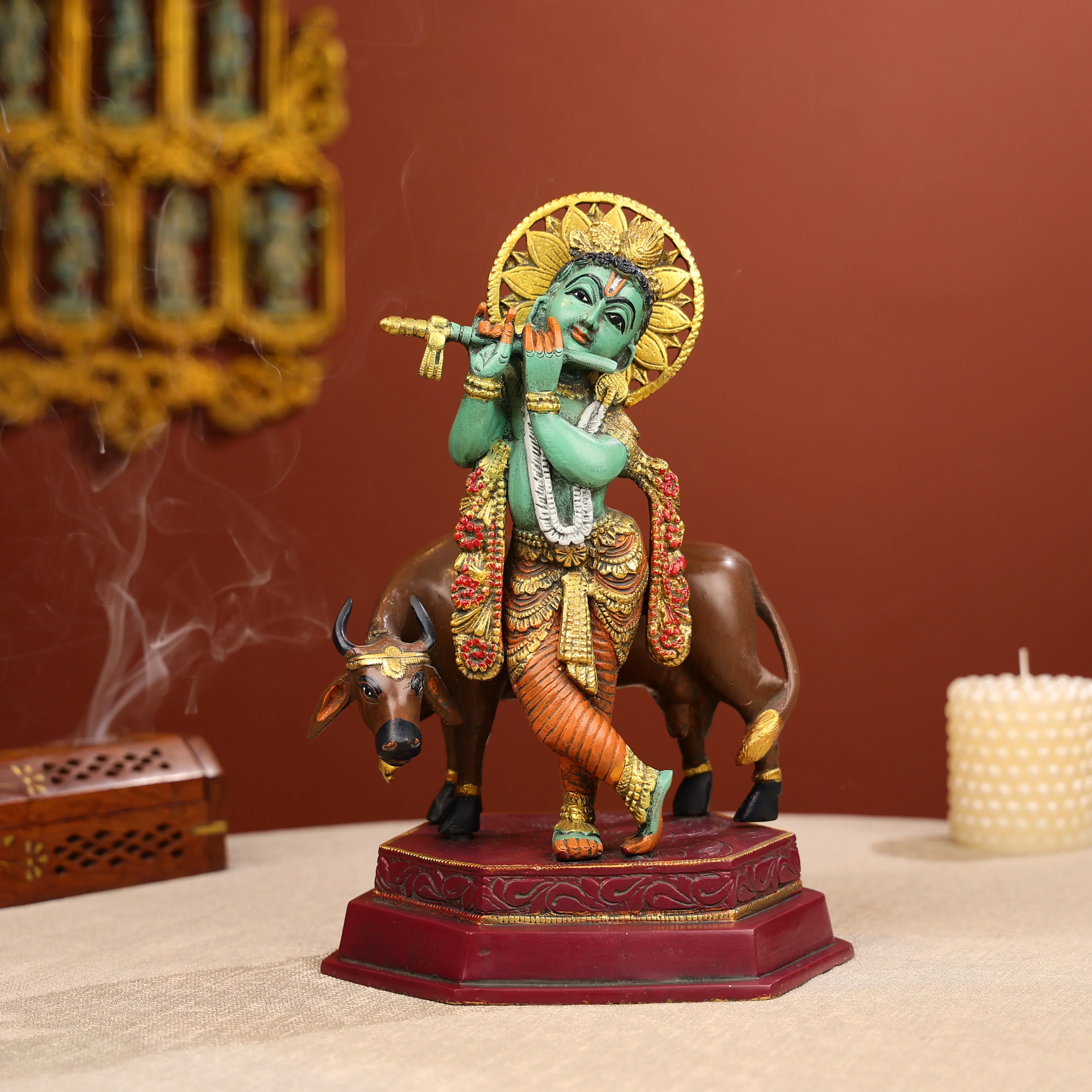 12" Coloured Brass Lord Krishna Statue Fluting With A Cow in Background