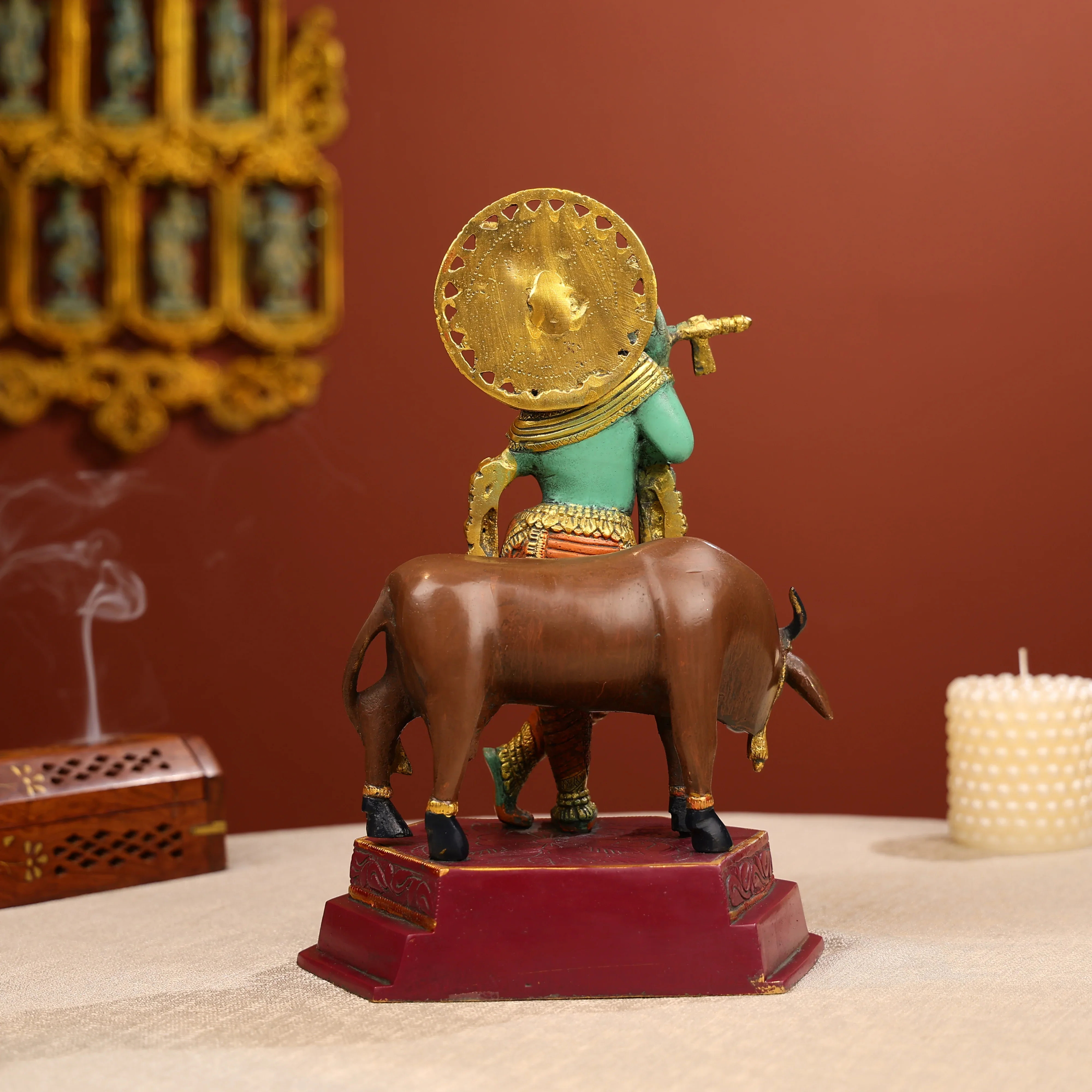 12" Coloured Brass Lord Krishna Statue Fluting With A Cow in Background - Image 4