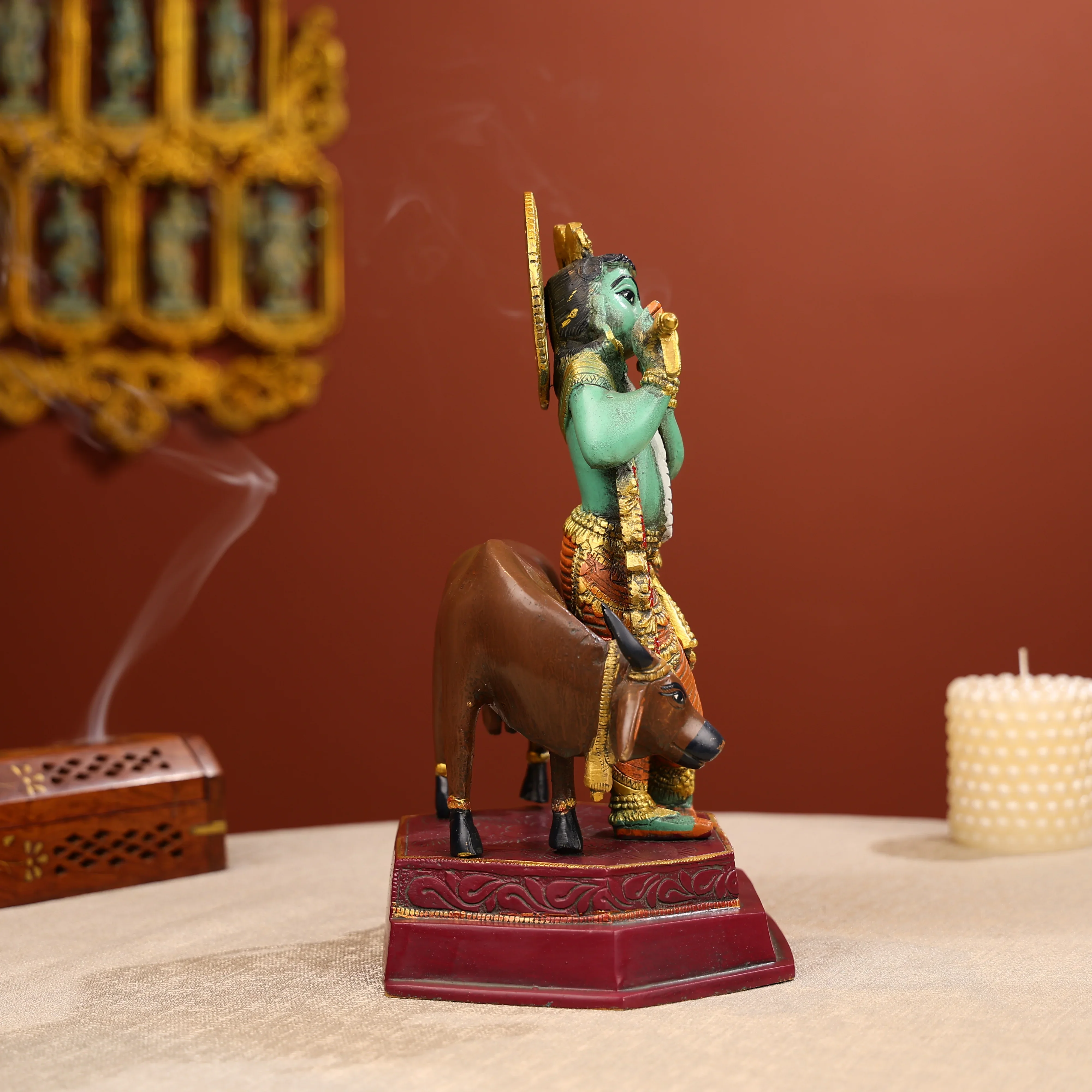 12" Coloured Brass Lord Krishna Statue Fluting With A Cow in Background - Image 5