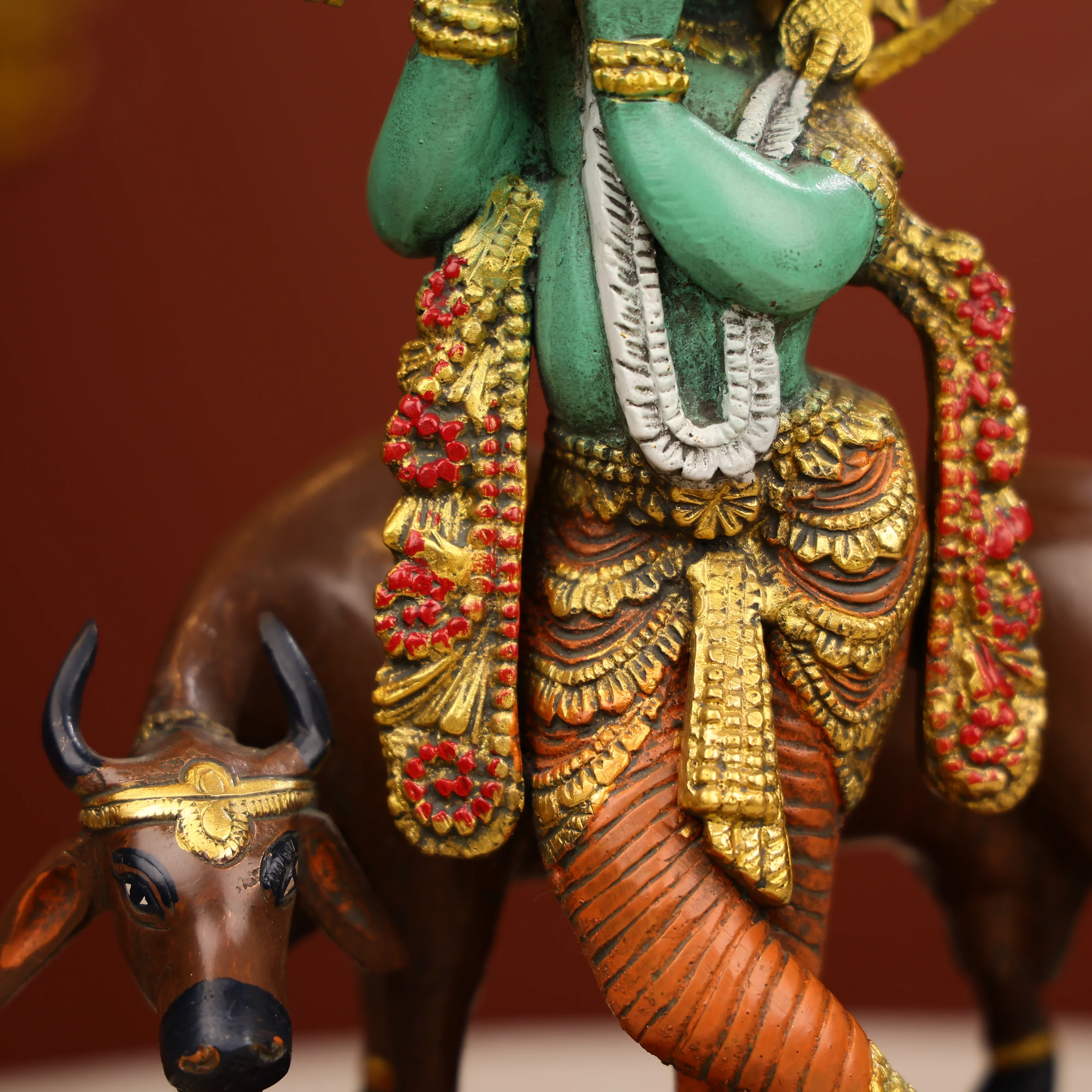 12" Coloured Brass Lord Krishna Statue Fluting With A Cow in Background - Image 8