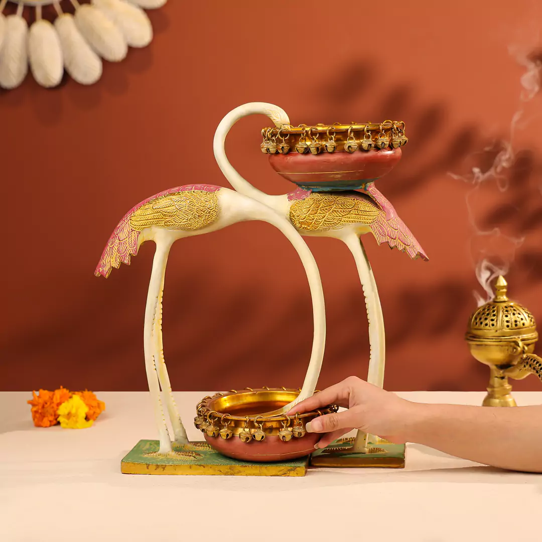 16" Coloured Brass Swan Urli Set Of Two - Image 3