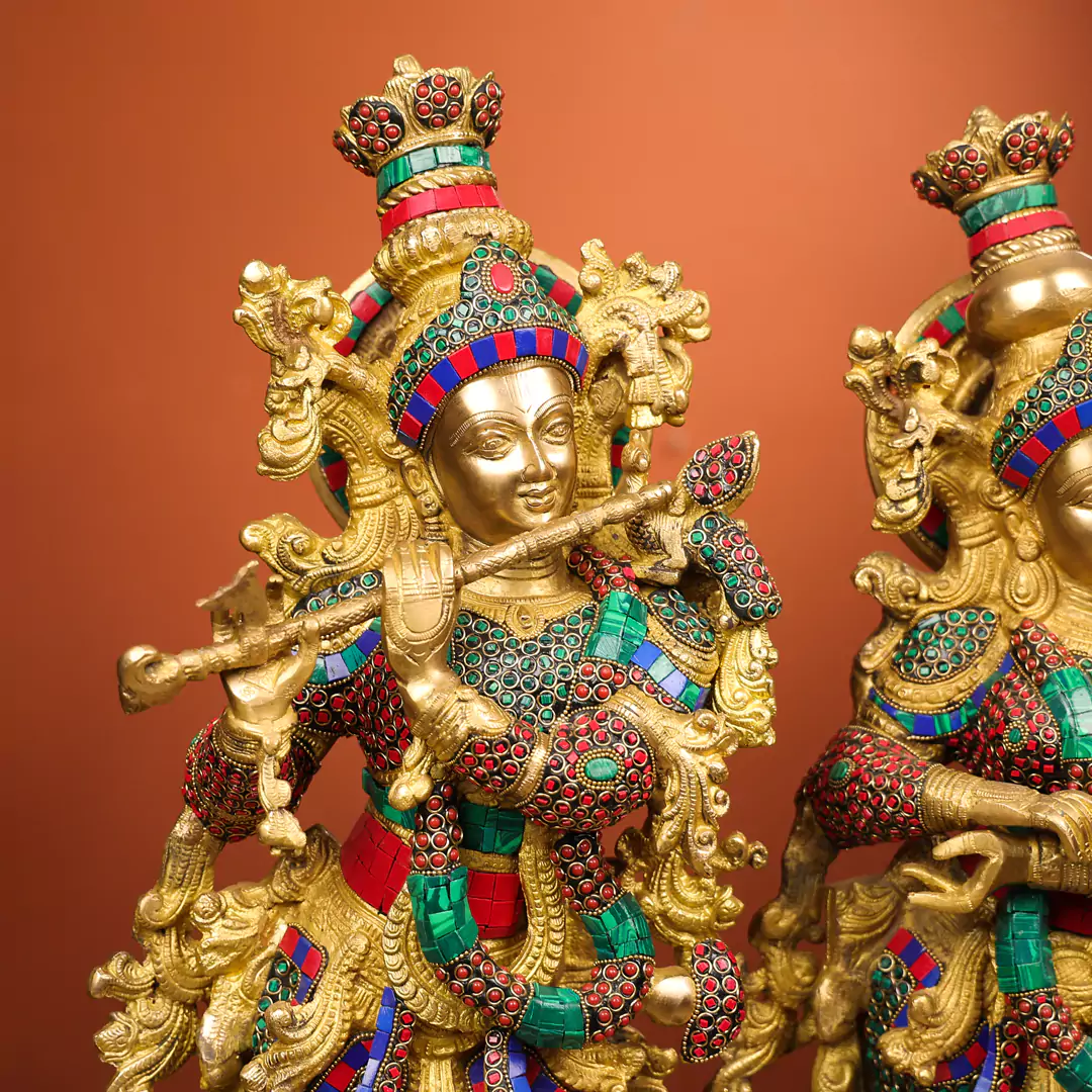 Colourful Brass Idol Of Lord Krishna And Shree Radha - Image 4