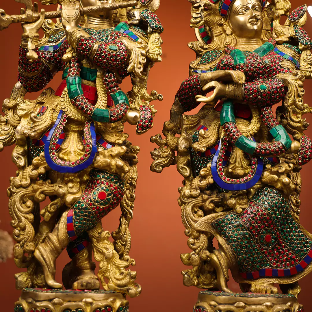 Colourful Brass Idol Of Lord Krishna And Shree Radha - Image 5