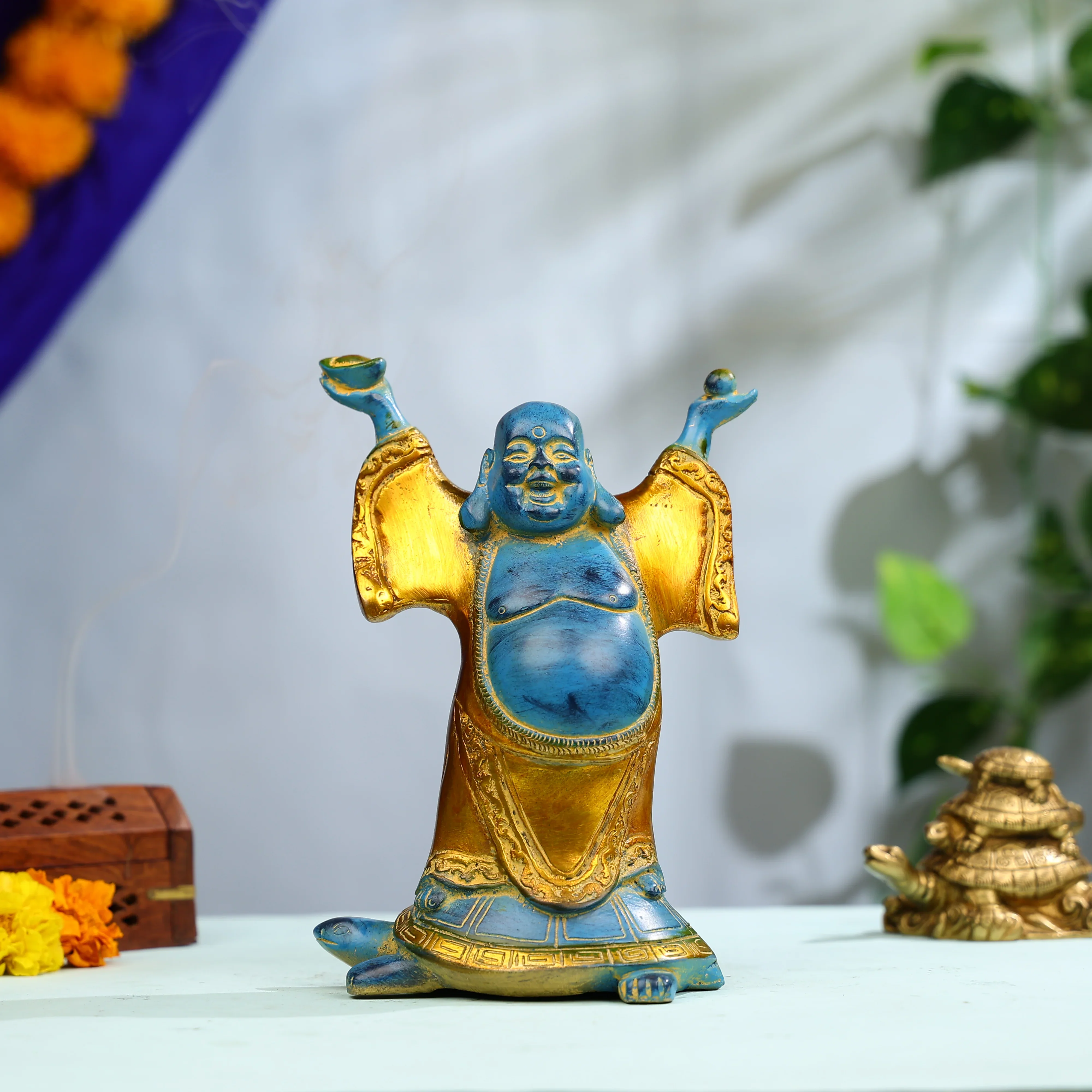 9" Coloured Brass Laughing Buddha Standing on Tortoise Idol