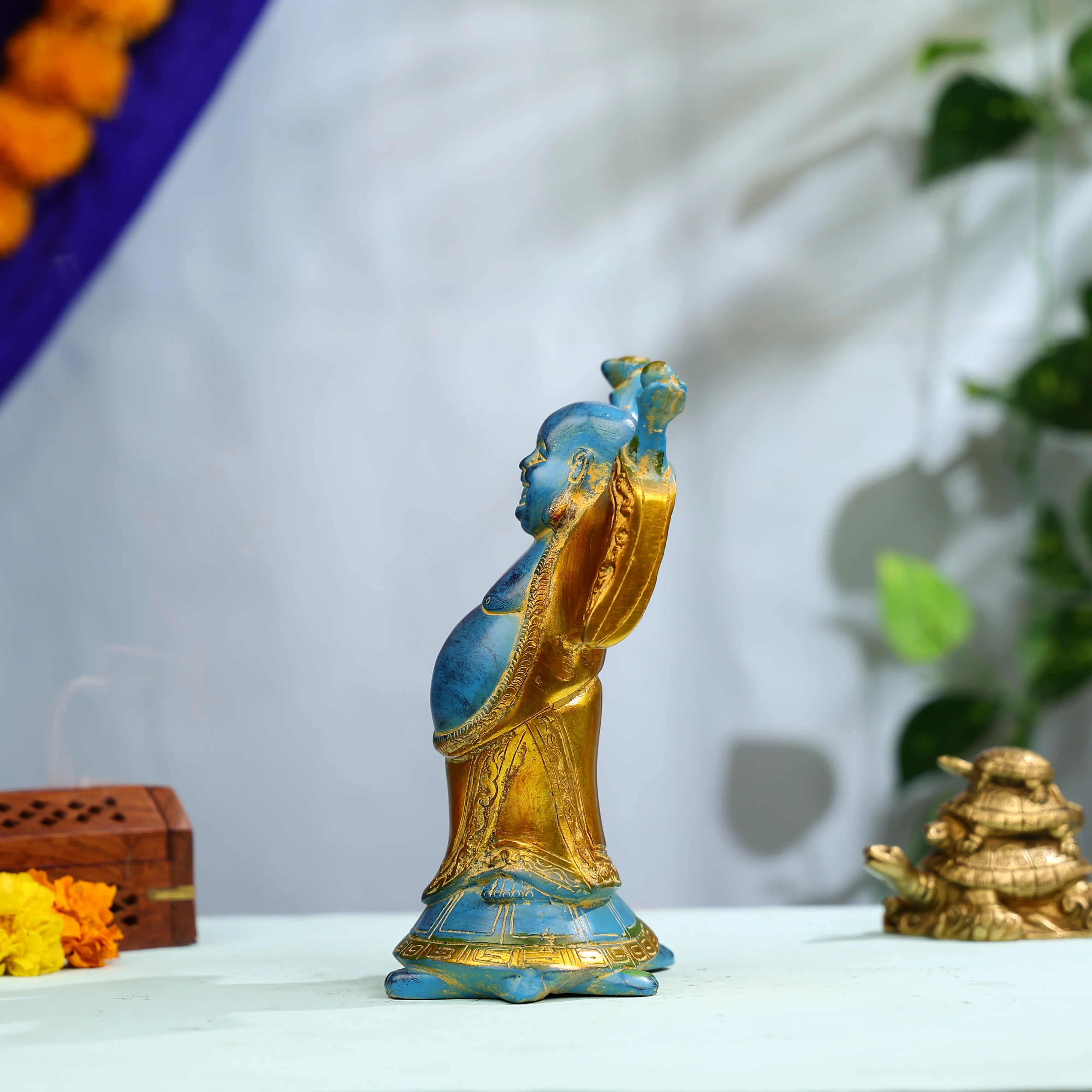 9" Coloured Brass Laughing Buddha Standing on Tortoise Idol - Image 2