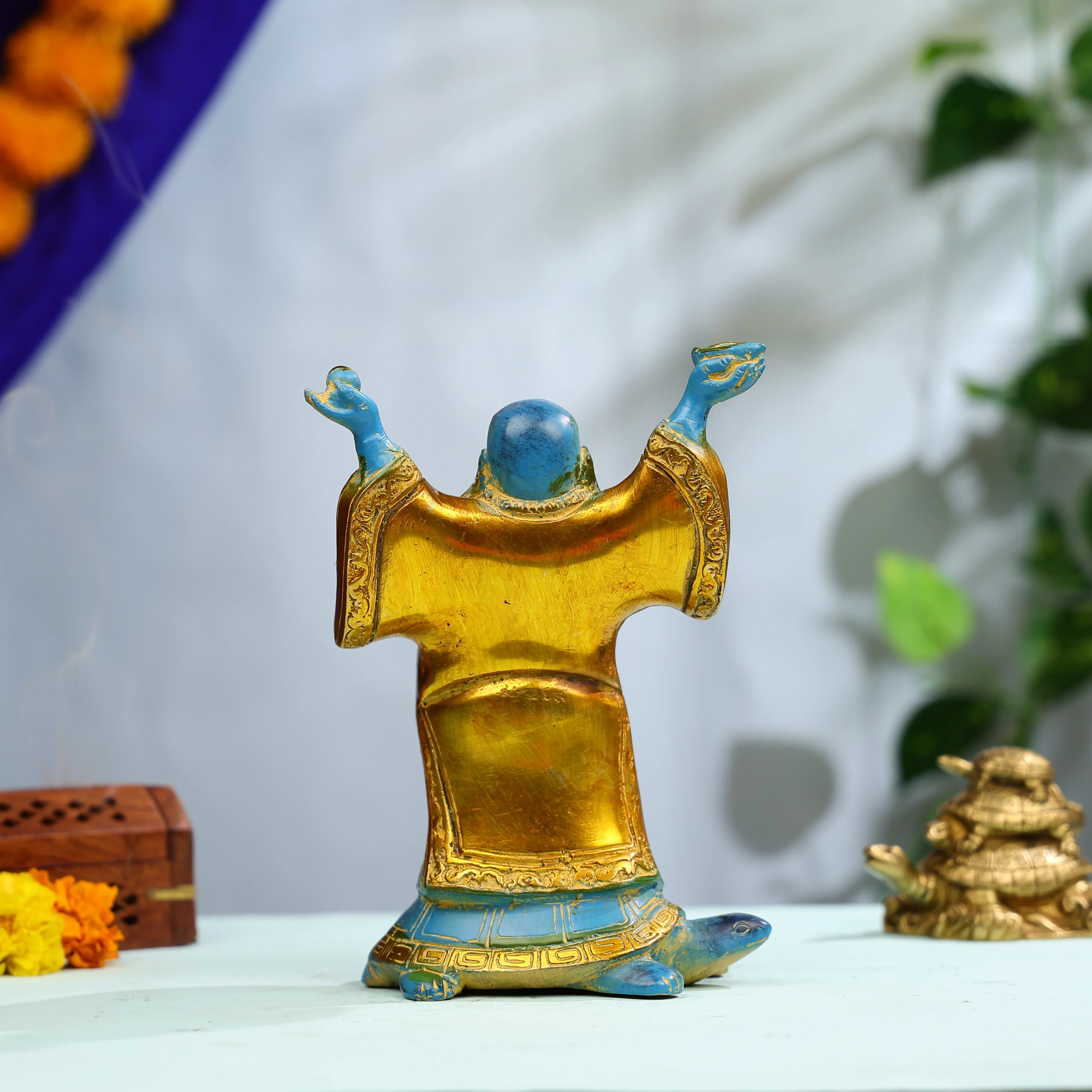 9" Coloured Brass Laughing Buddha Standing on Tortoise Idol - Image 3