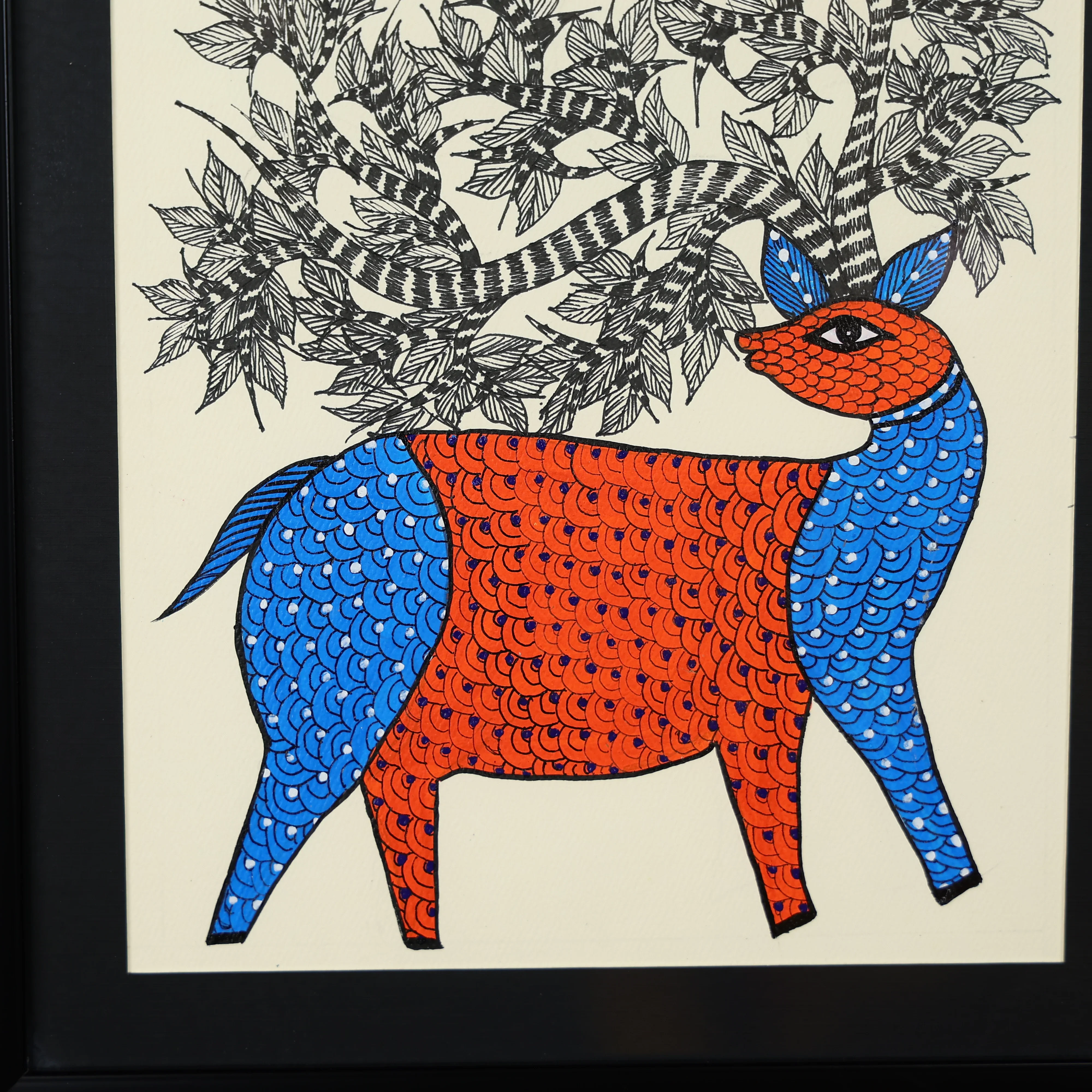 Gond Hand-painted Deer Standing Quietly By A Tree Watching The Bird Wall Art - Image 4