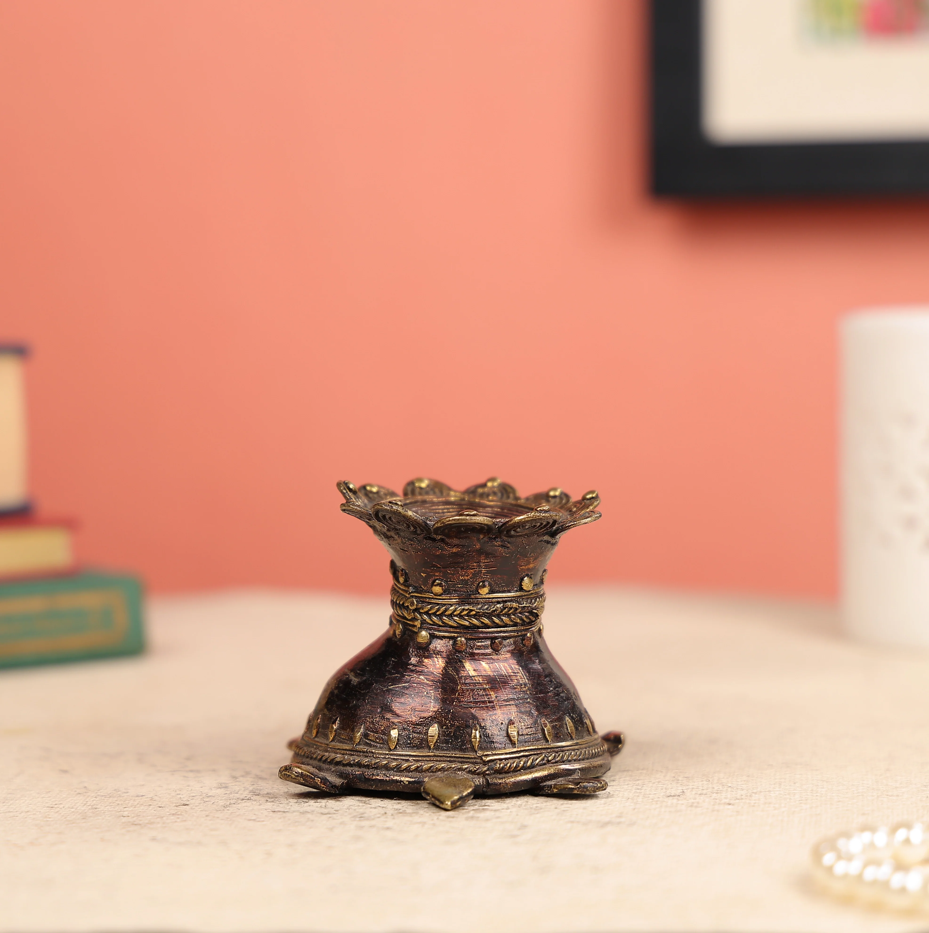 3" Dhokra Art Coloured Tribal Tortoise Candle Holder - Image 4