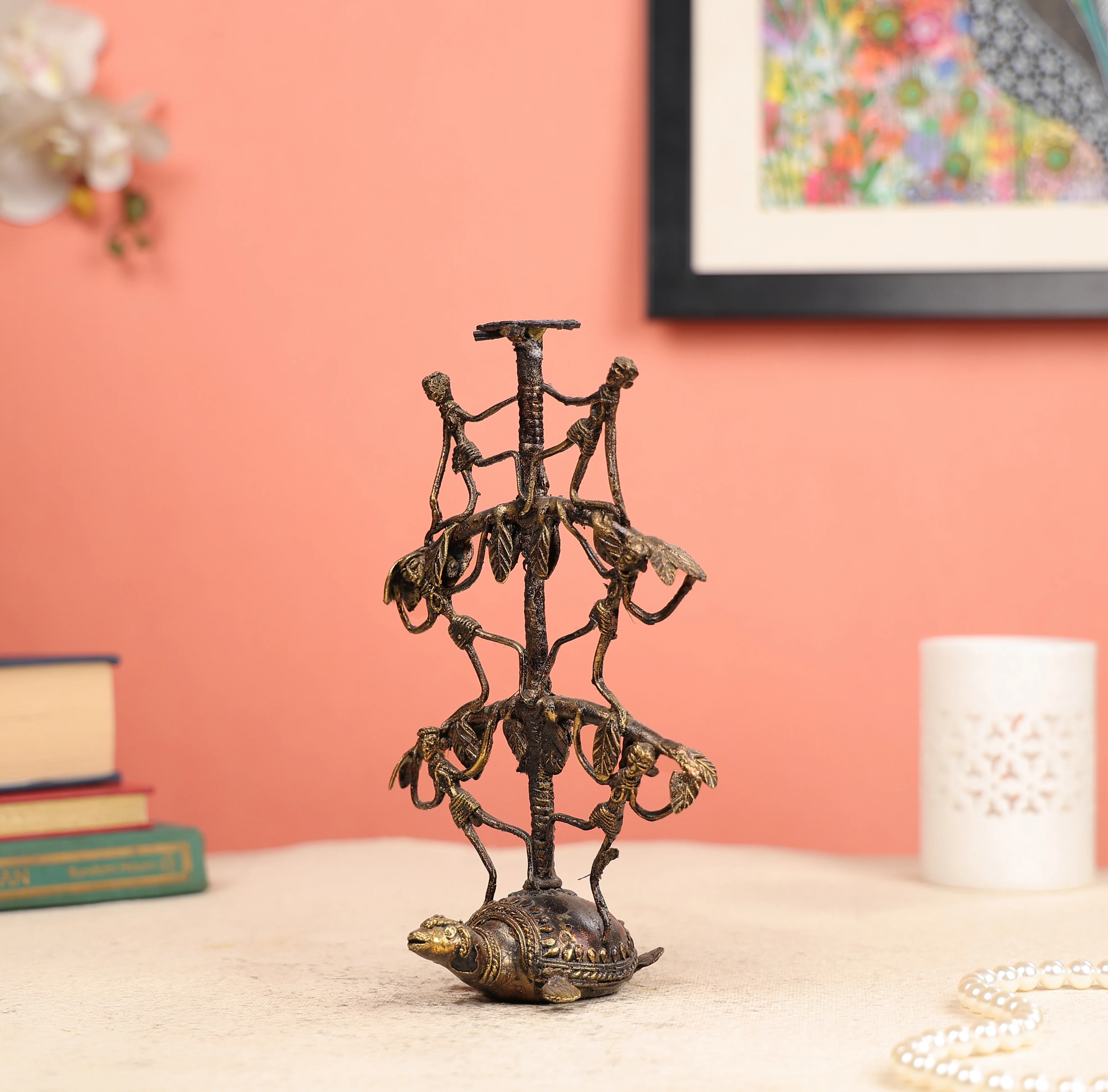 9" Dhokra Art Coloured Tribal Tree of Life on Tortoise Table Decor - Image 3