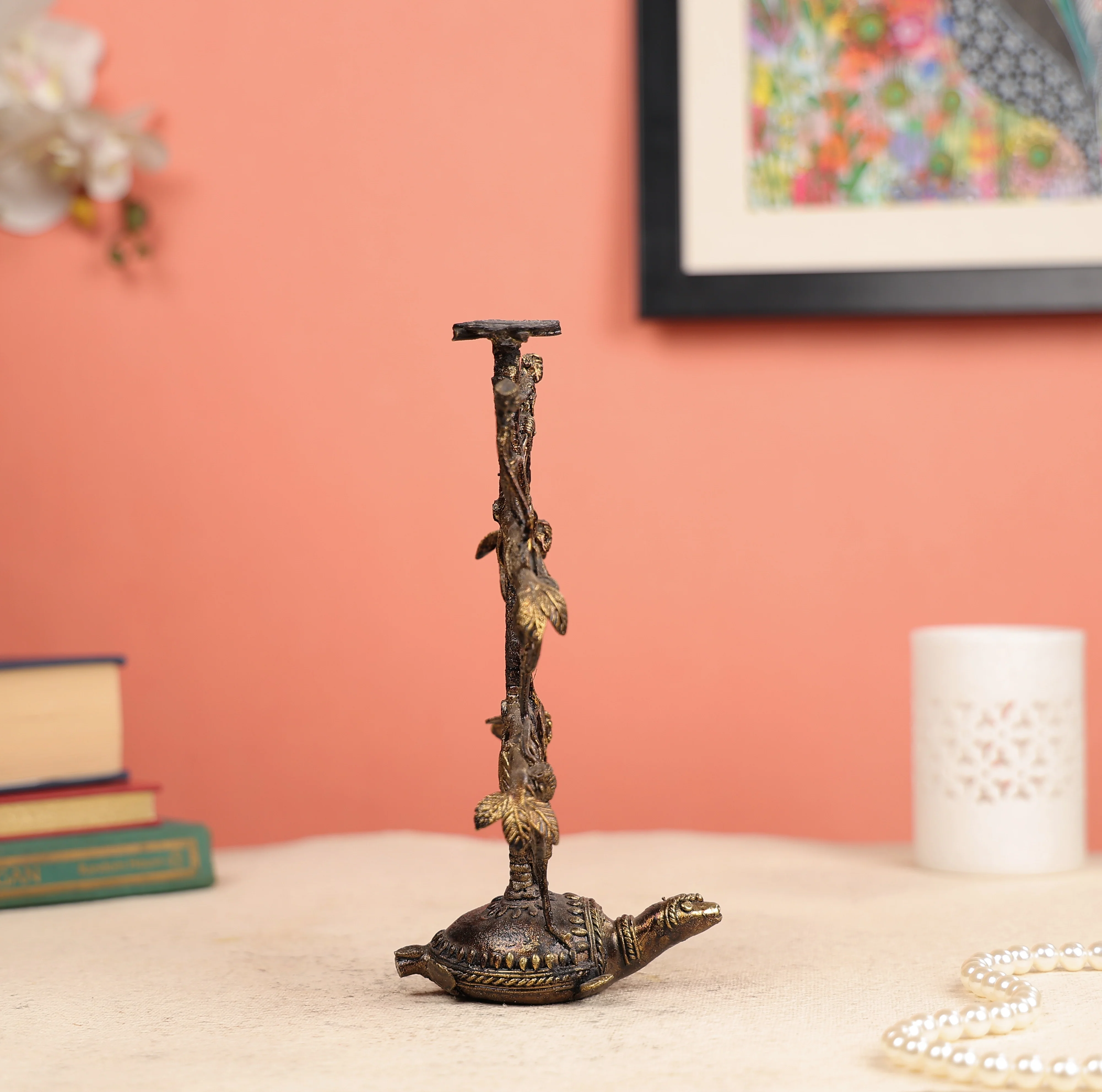 9" Dhokra Art Coloured Tribal Tree of Life on Tortoise Table Decor - Image 4