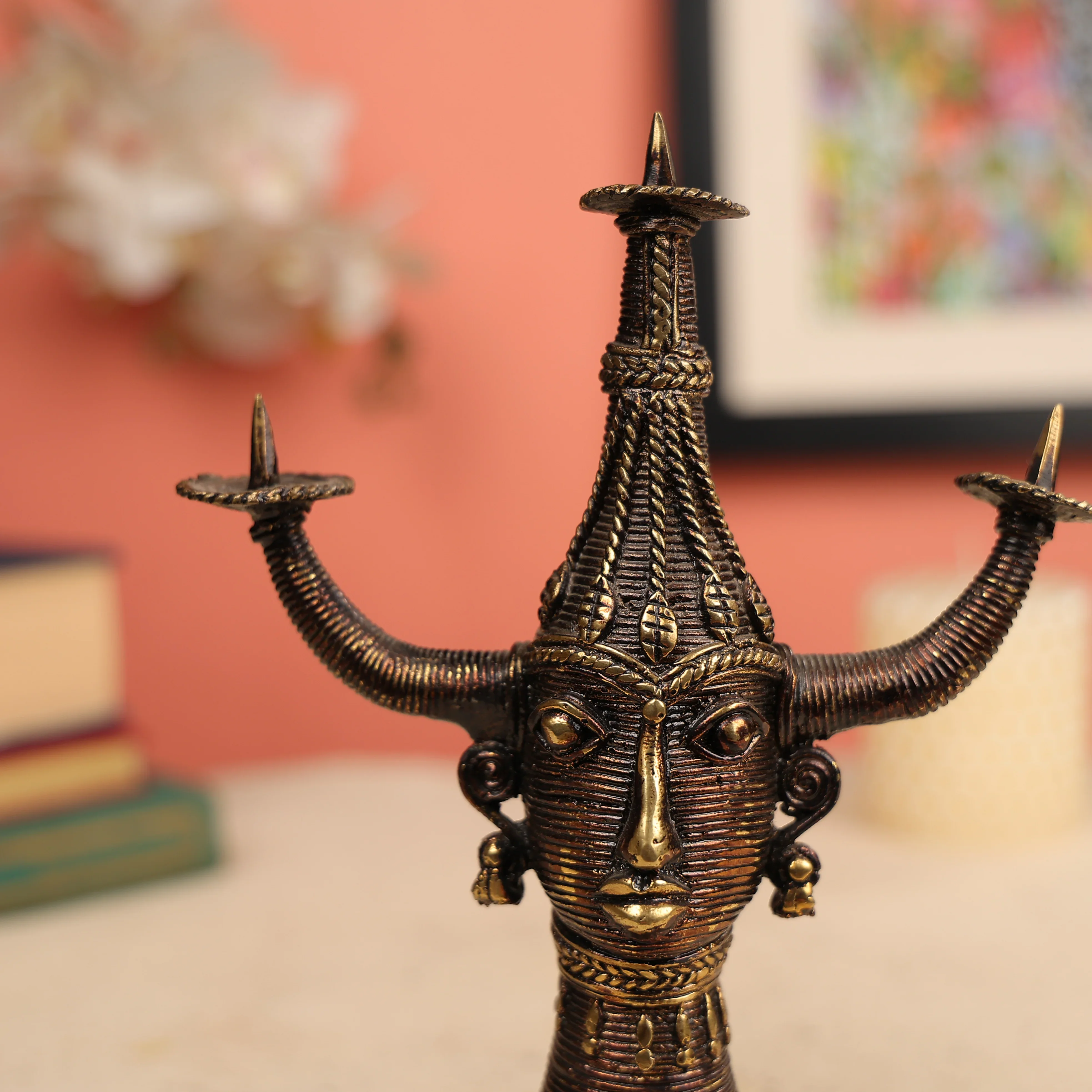 9" Dhokra Art Coloured Tribal Woman Head Candle Holder - Image 4