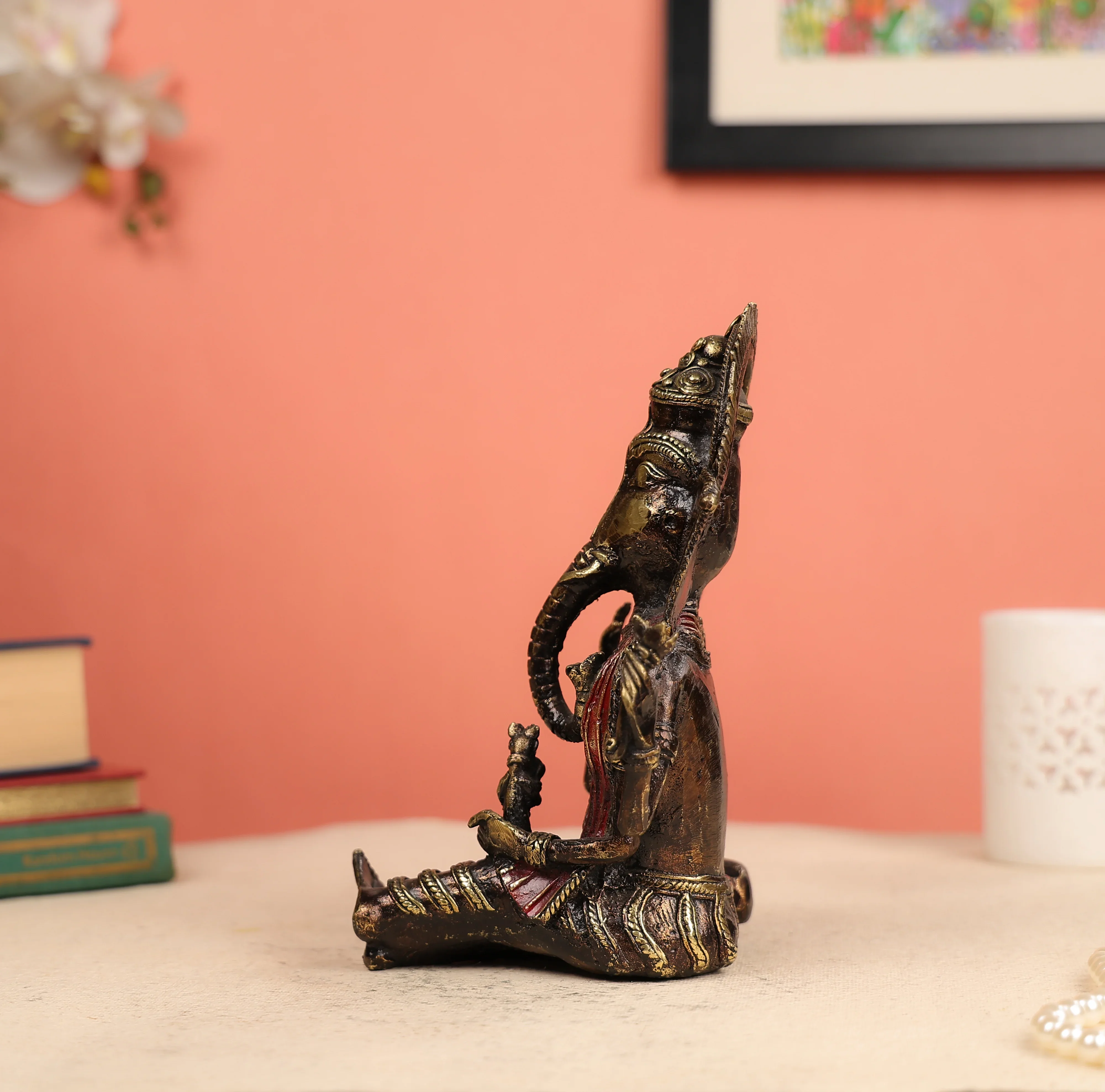 9" Dhokra Art Tribal Coloured Lord Ganesha Seated In A Resting Posture - Image 4