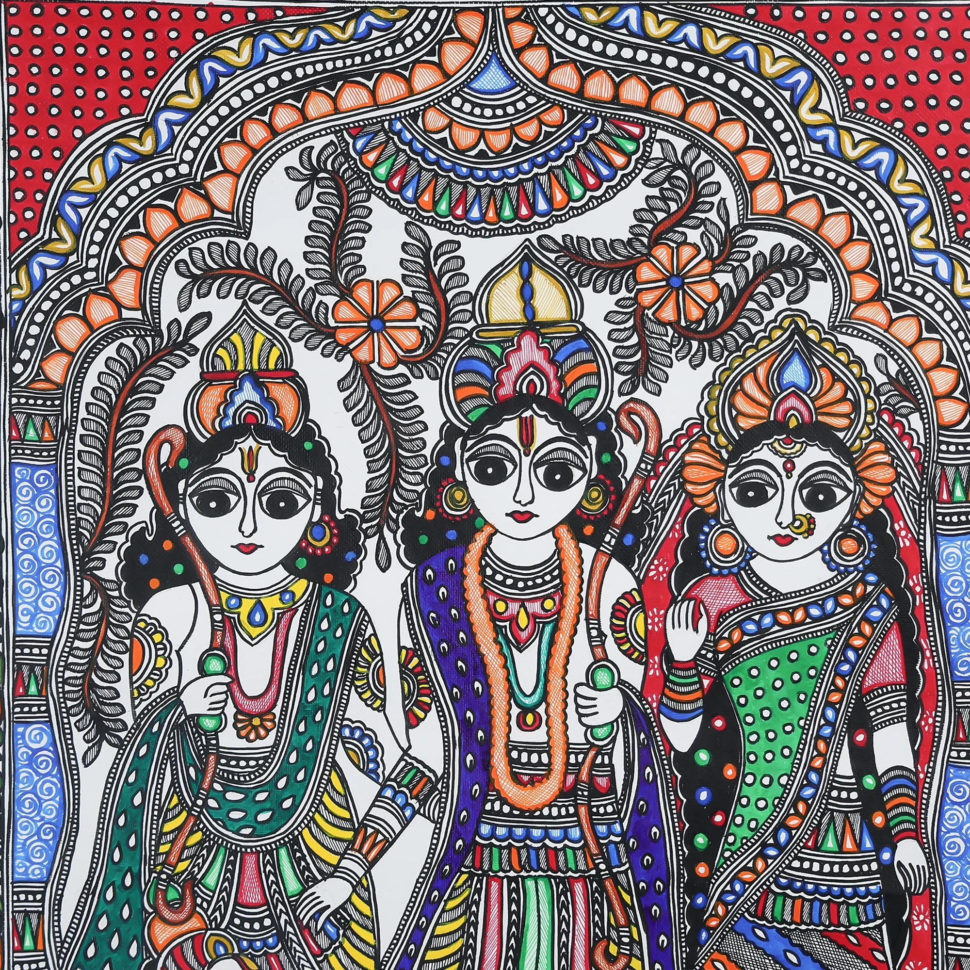 Madhubani Hand-painted Lord Ram Darbar Wall Art - Image 4