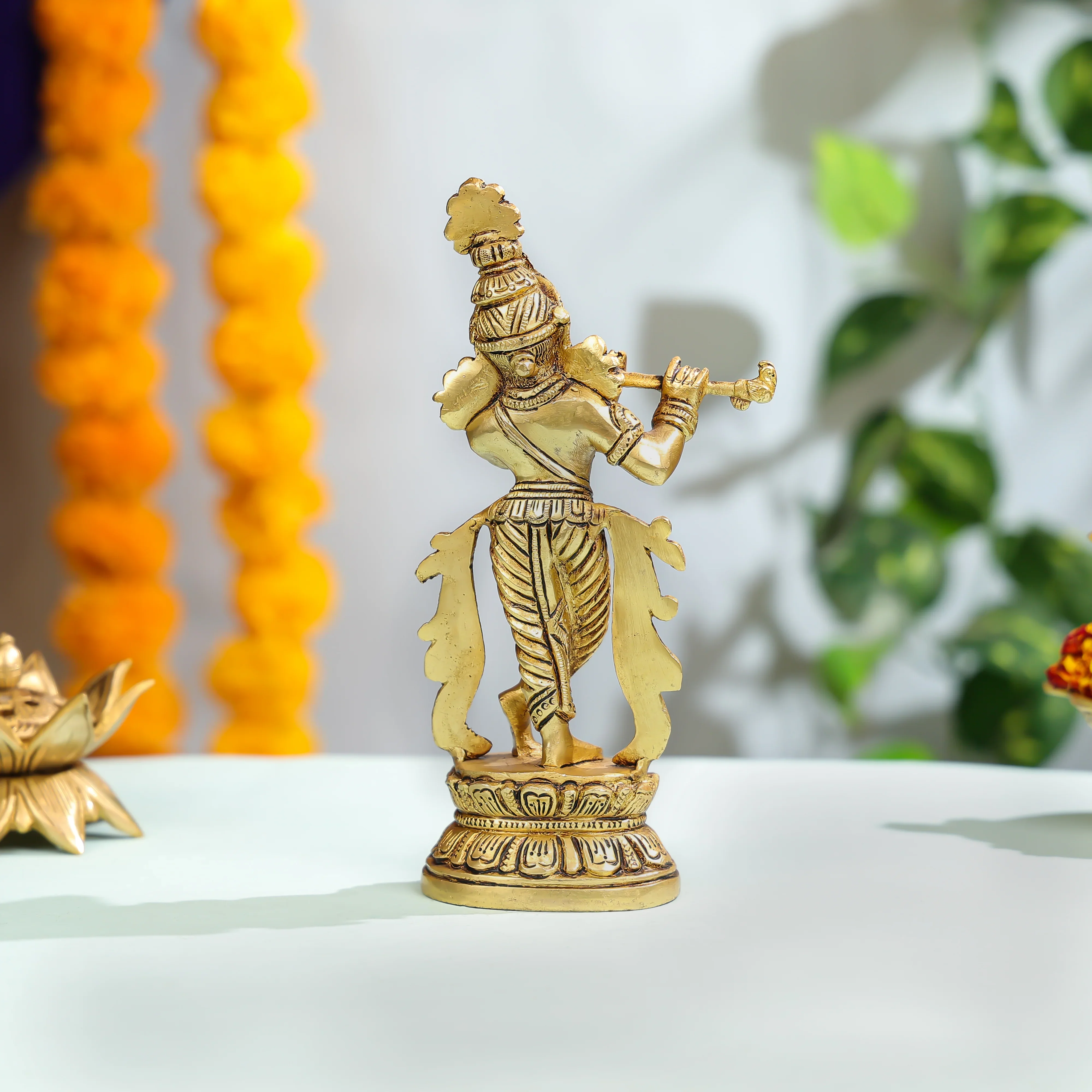 Exquisite Brass Krishna Statue With Flute For Home And Temple Decor - Image 2