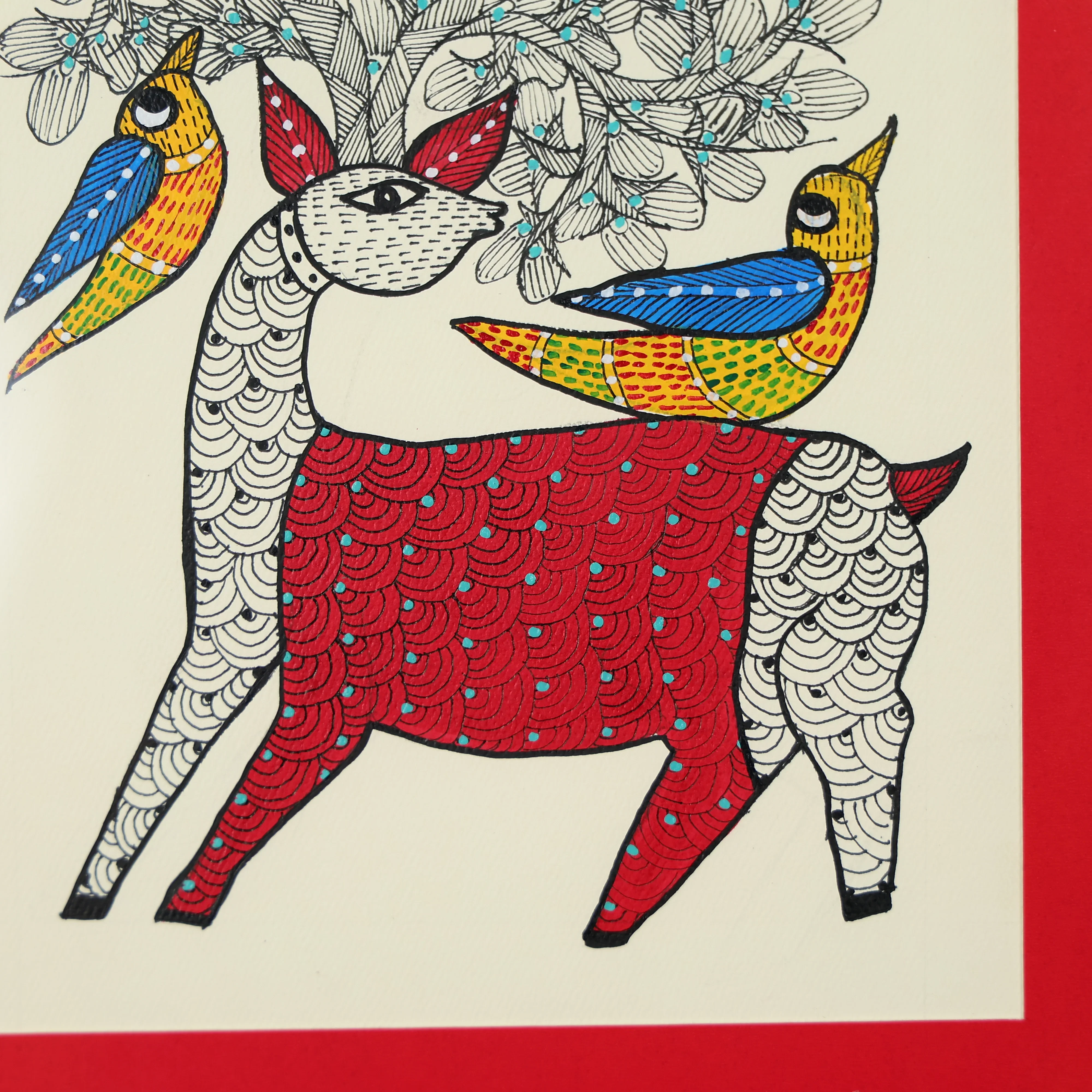 Gond Hand-painted Deer In The Wild Glass Framed Wall Art - Image 4