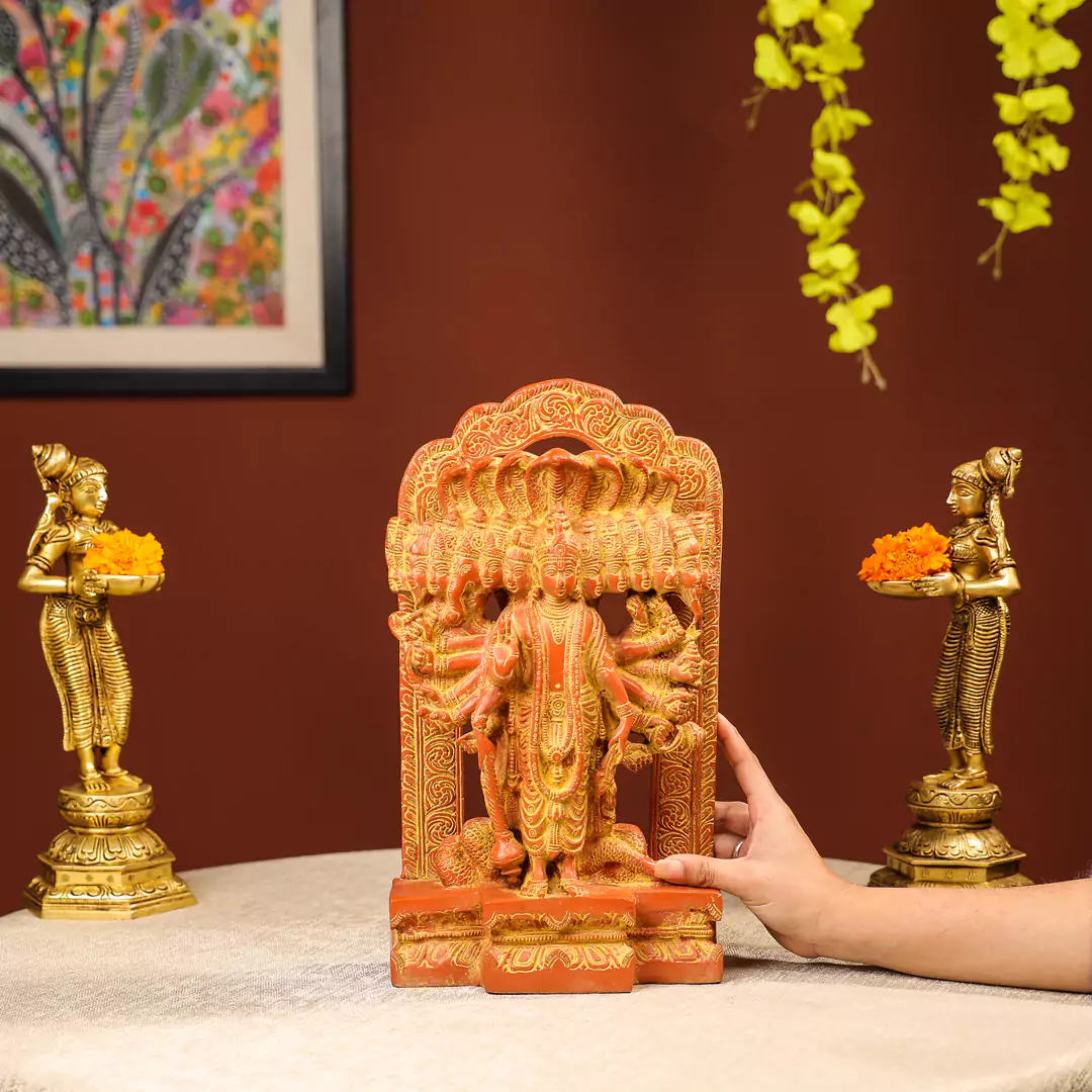 Gold And Orange Coloured Brass Lord Vishnu Idol - Image 4
