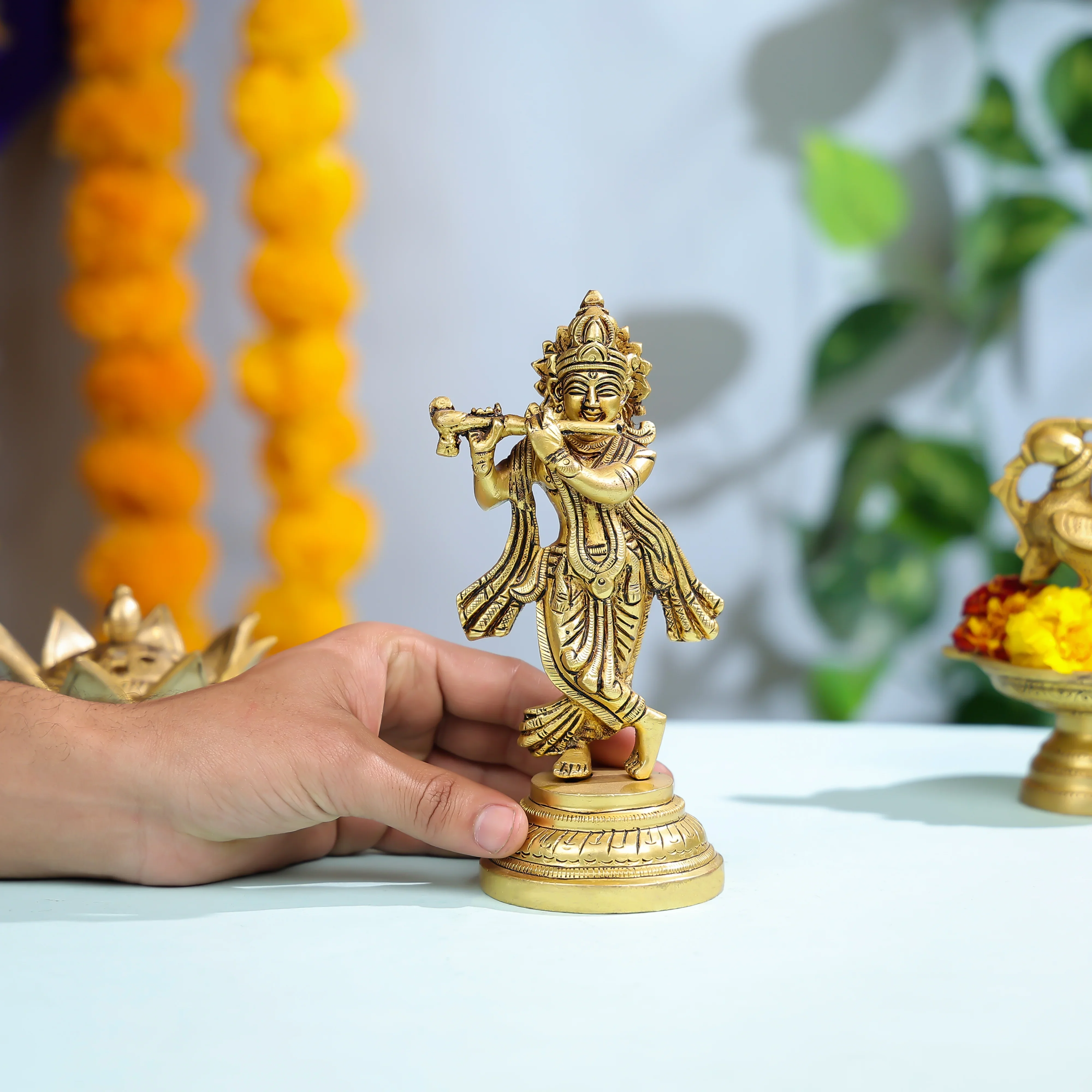 Graceful Brass Krishna Statue Playing Flute For Spiritual And Home Decor - Image 2