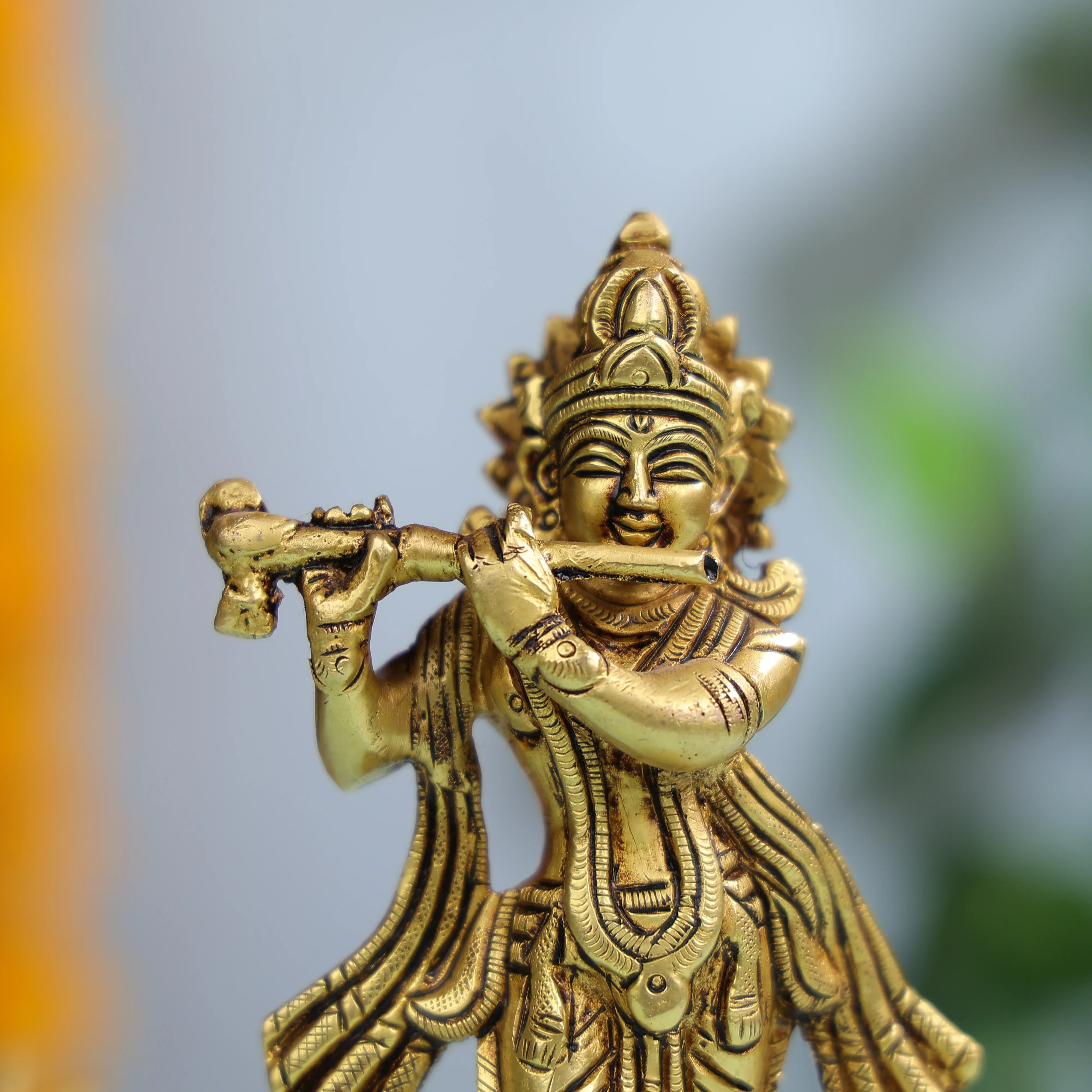 Graceful Brass Krishna Statue Playing Flute For Spiritual And Home Decor - Image 3