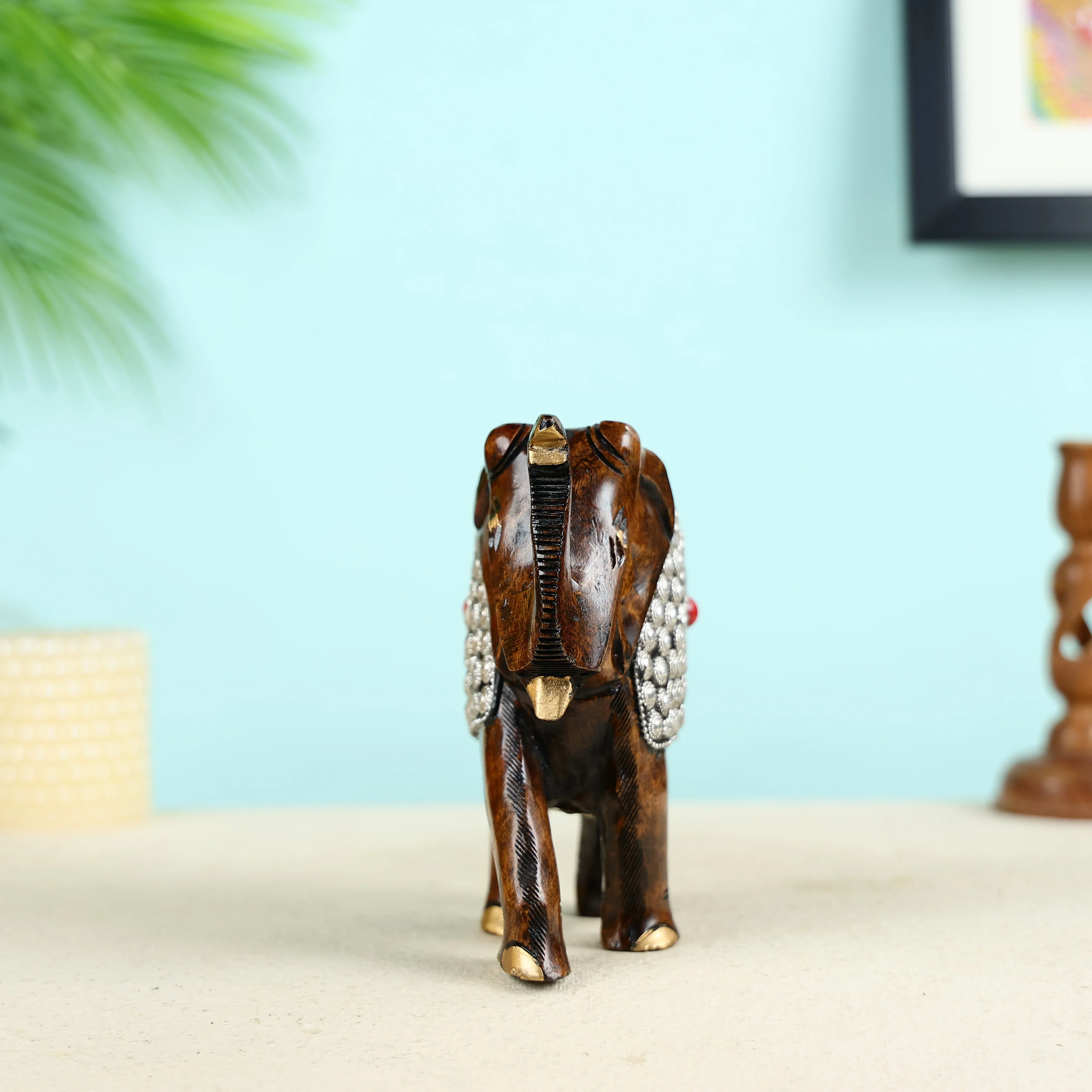 Hand Carved Welcoming Elephant With Metal Beads Work Table Decor - Image 3