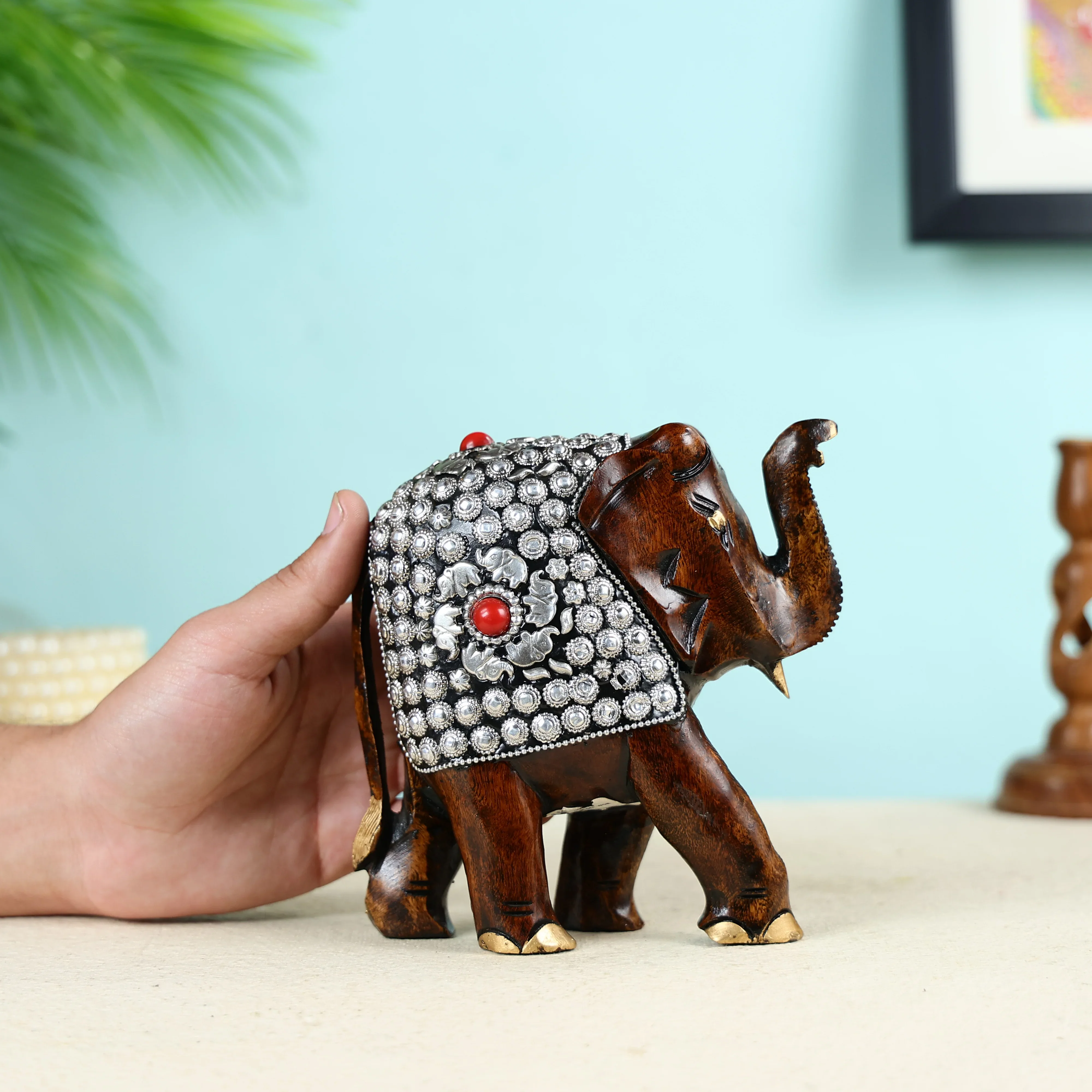 Hand Carved Welcoming Elephant With Metal Beads Work Table Decor - Image 6