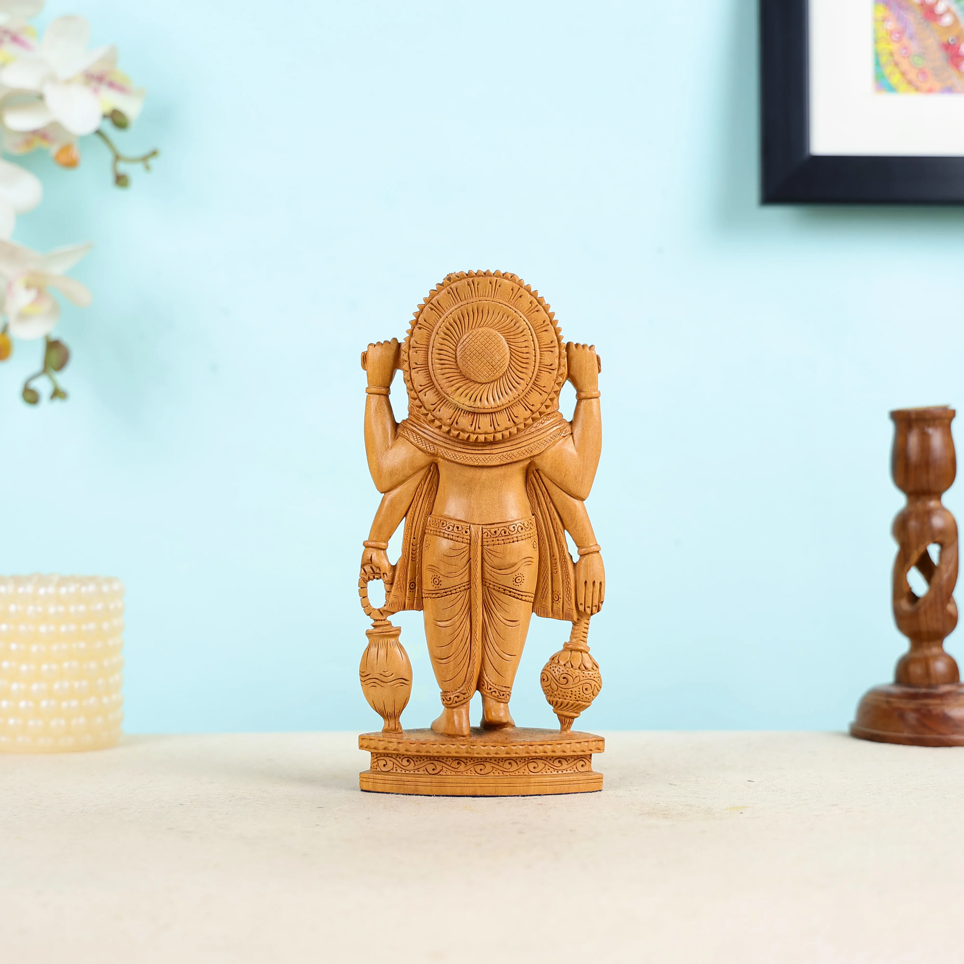 Hand Carved Kadam Wood Lord Brahma Statue - Image 4