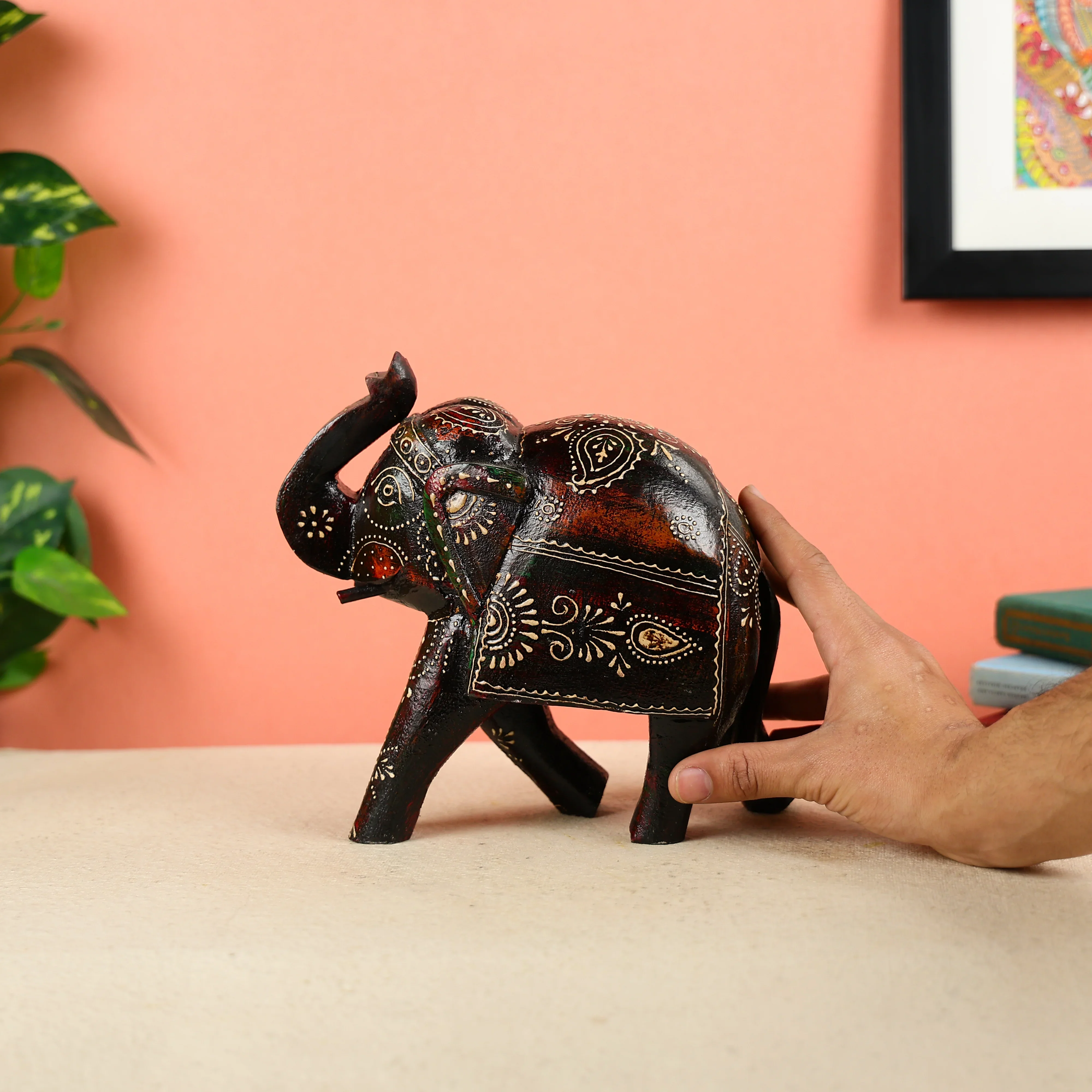 Hand Painted Dark Brown Wooden Elephant Table Decor - Image 4