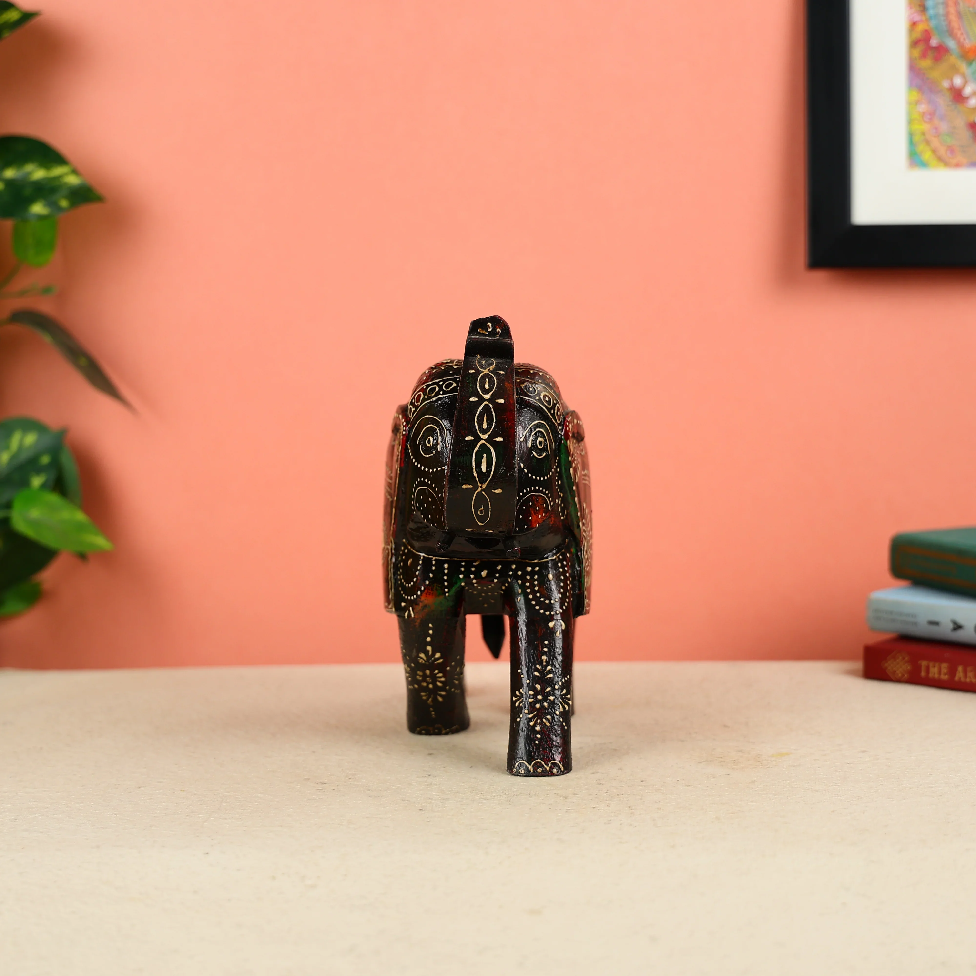 Hand Painted Dark Brown Wooden Elephant Table Decor - Image 5