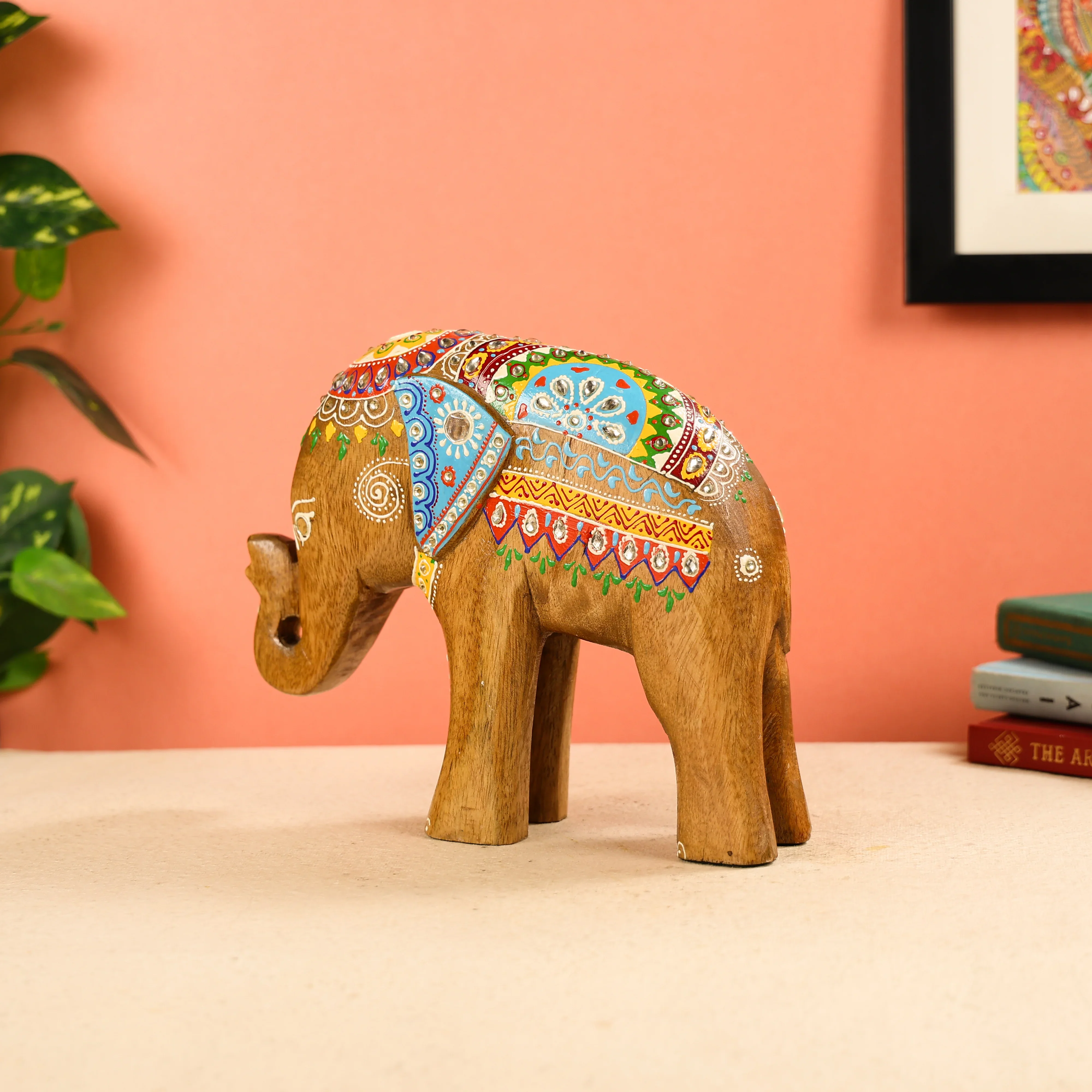 8.5" Mango Wood Carved & Hand Painted Multicolour Welcoming Elephant Table Decor