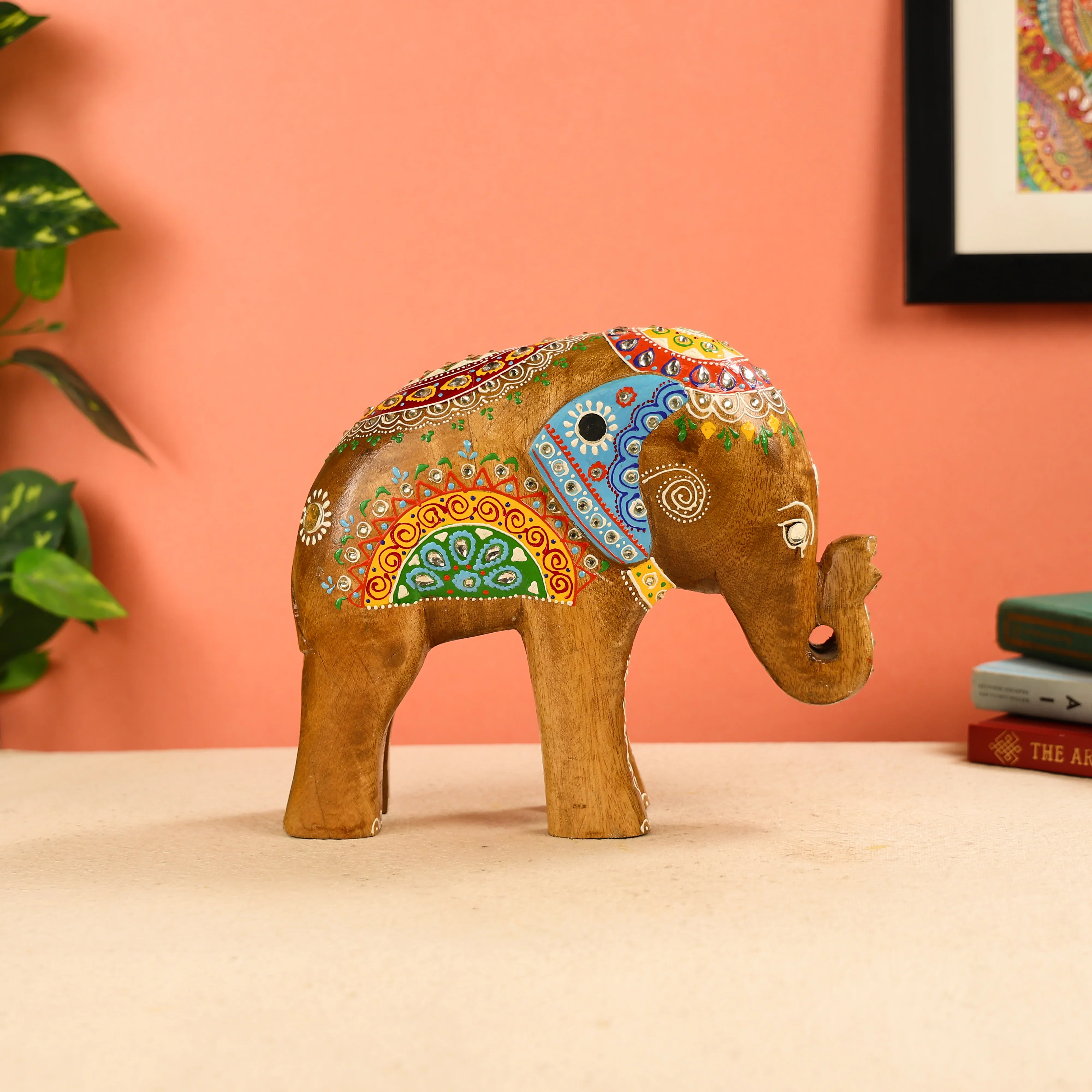 8.5" Mango Wood Carved & Hand Painted Multicolour Welcoming Elephant Table Decor - Image 2