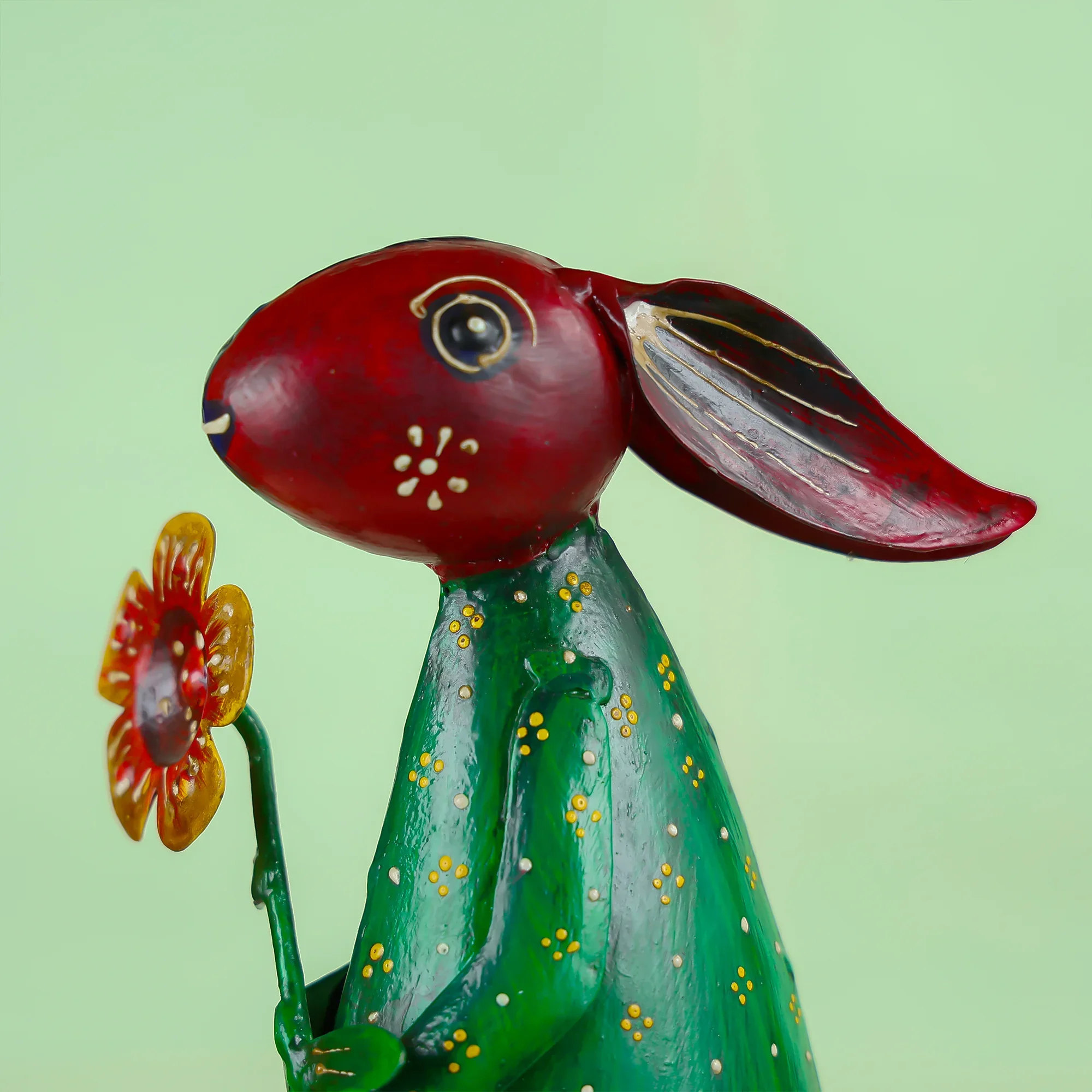 Hand-Painted Iron Crafted Rabbit with Flower in Hand Table Decor - Image 2