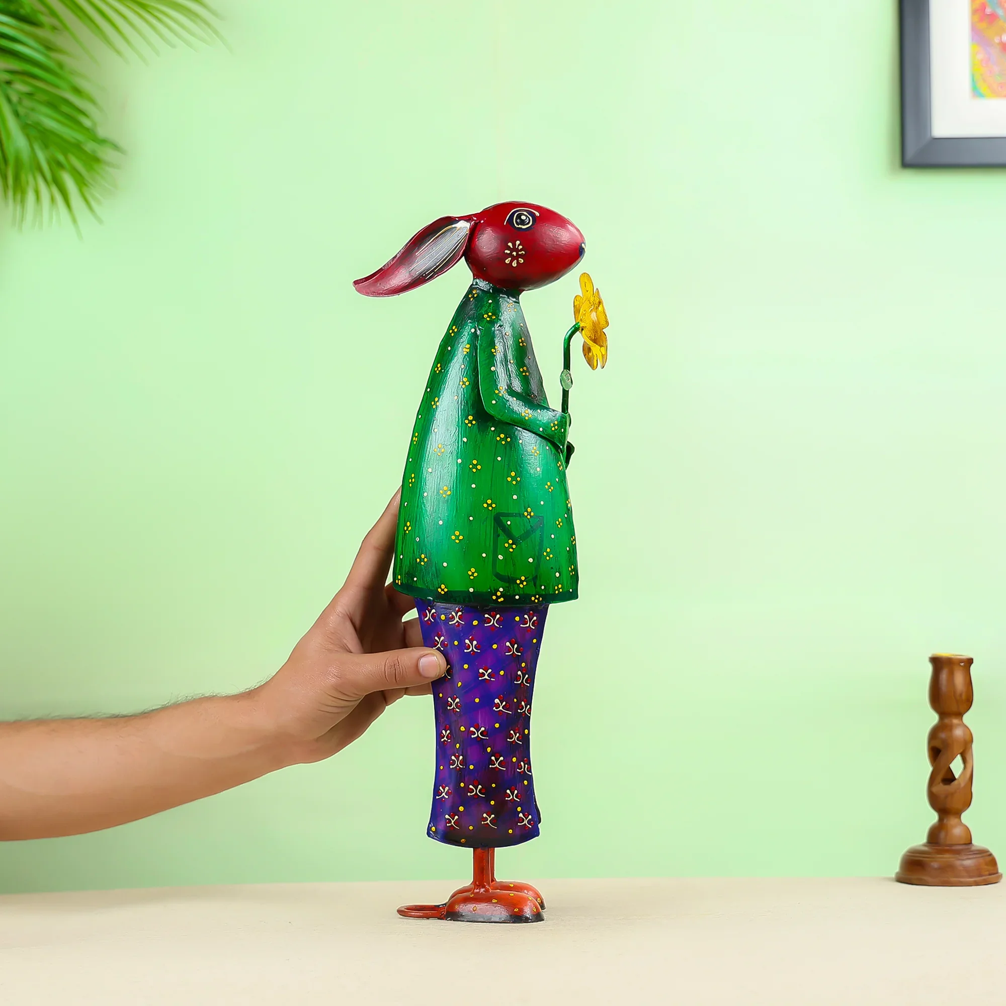 Hand-Painted Iron Crafted Rabbit with Flower in Hand Table Decor - Image 3