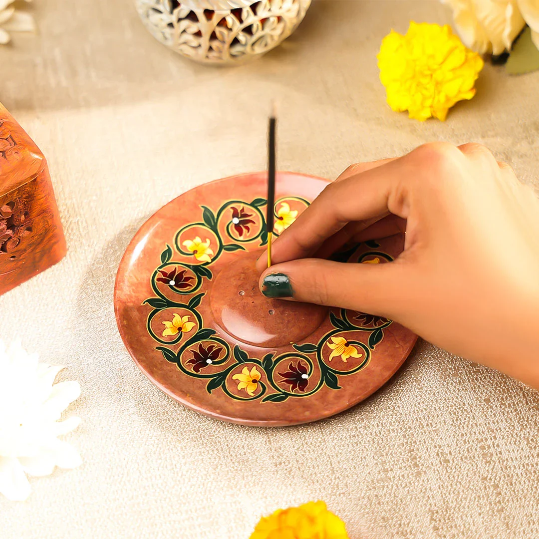 4" Hand Painted Stone Crafted Circular Shaped Incense Holder Plate - Image 4