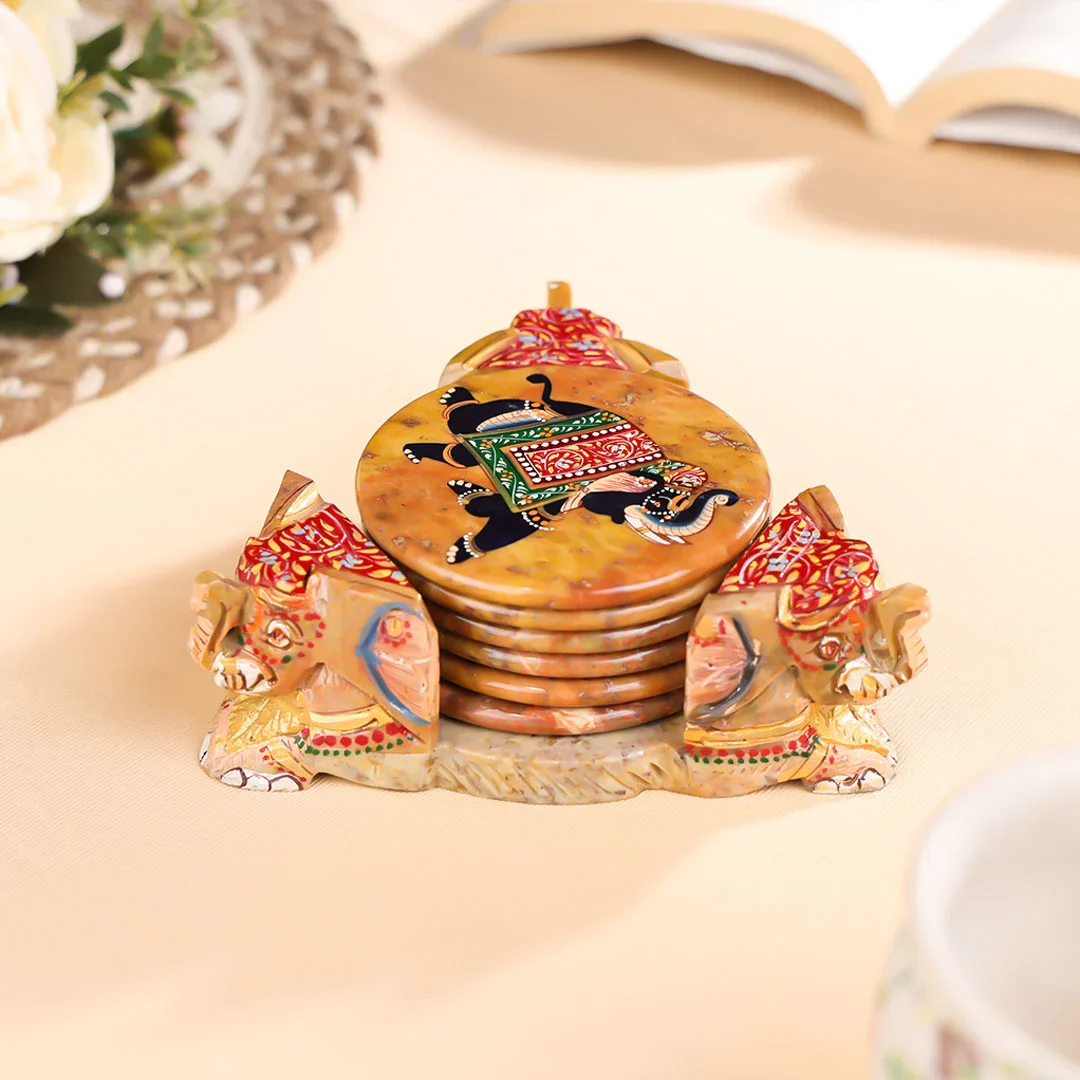 3" Hand Painted Stone Crafted with Triangular Stand Elephant Coasters Set of 6