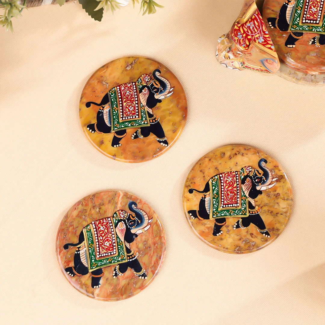 3" Hand Painted Stone Crafted with Triangular Stand Elephant Coasters Set of 6 - Image 2