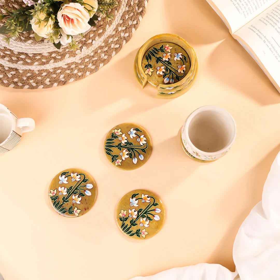 3" Hand Painted Stone Crafted with Stepped Stand Floral Coasters Set of 6 - Image 4