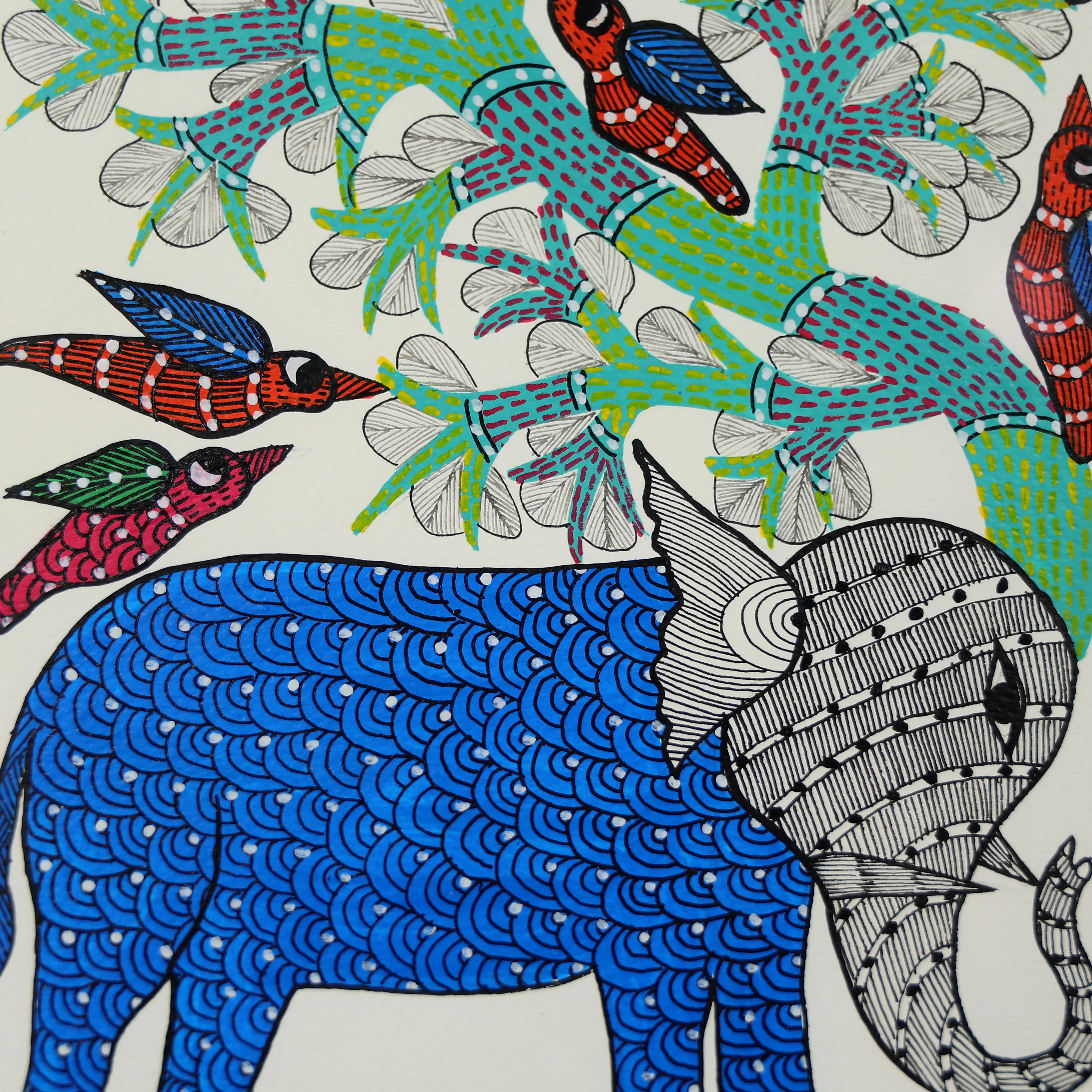 Gond Hand-painted Elephant Standing Under A TreeWall Art - Image 3