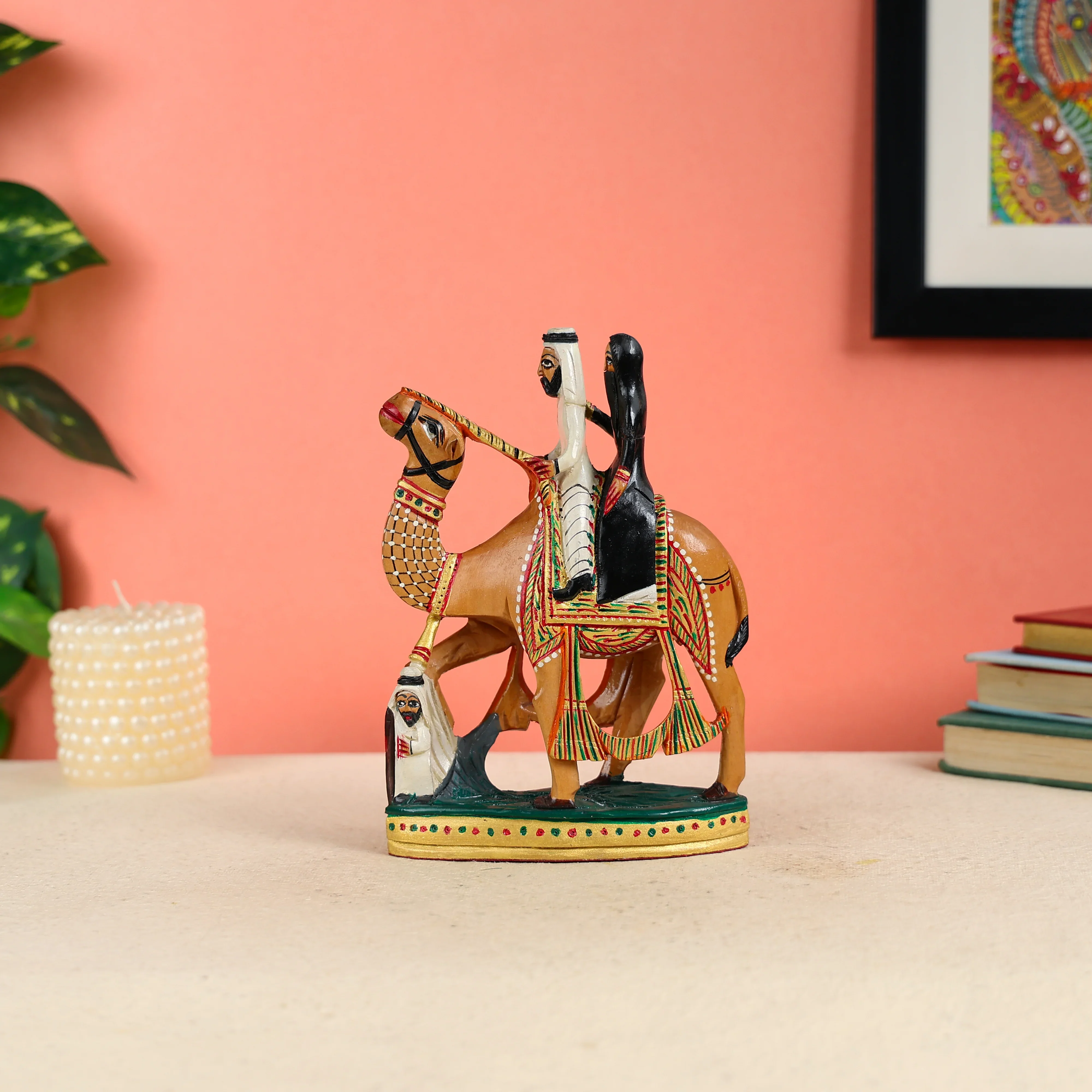 8" Kadam Wood Carved & Hand Painted Arabian Couple Riding Camel Table Decor