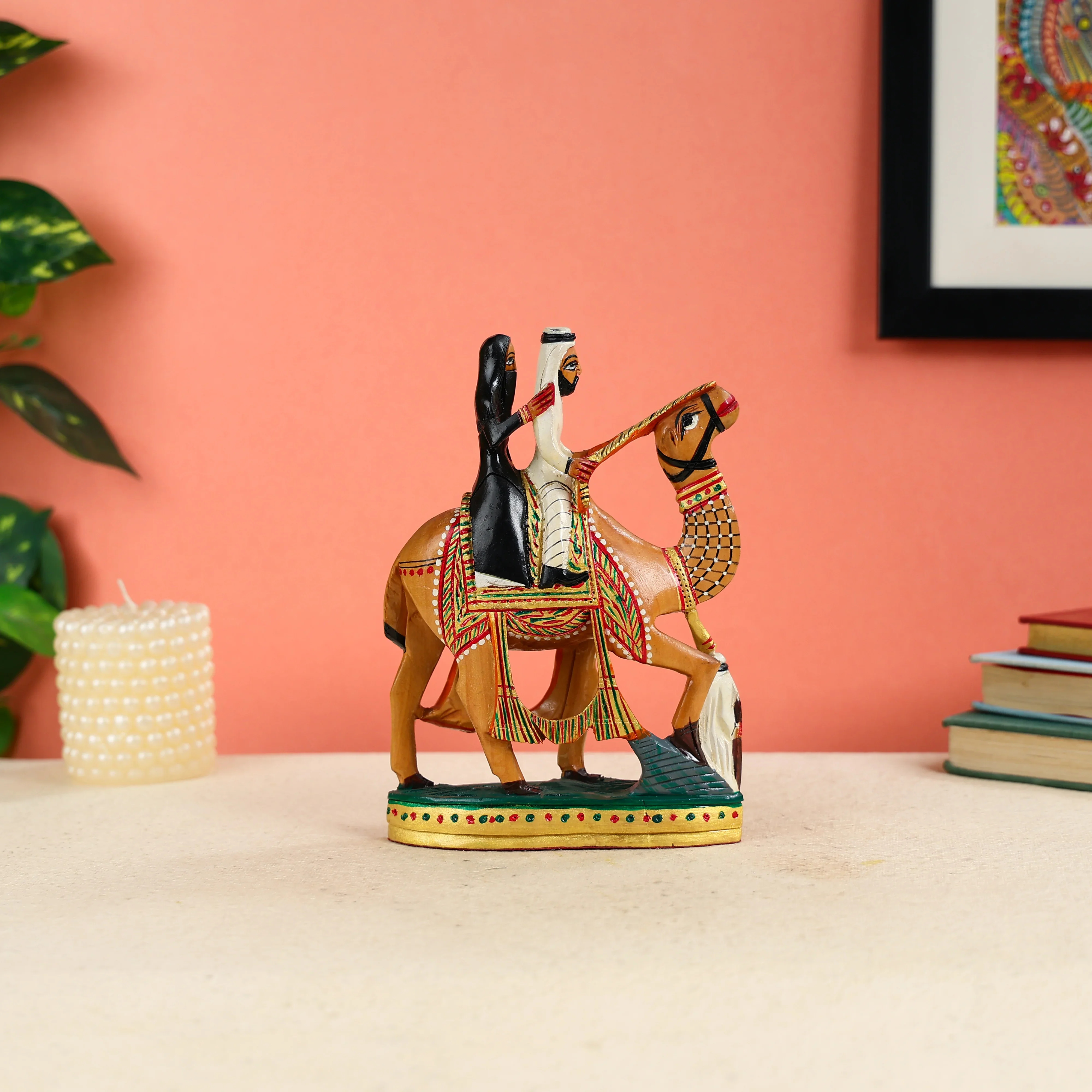 8" Kadam Wood Carved & Hand Painted Arabian Couple Riding Camel Table Decor - Image 3