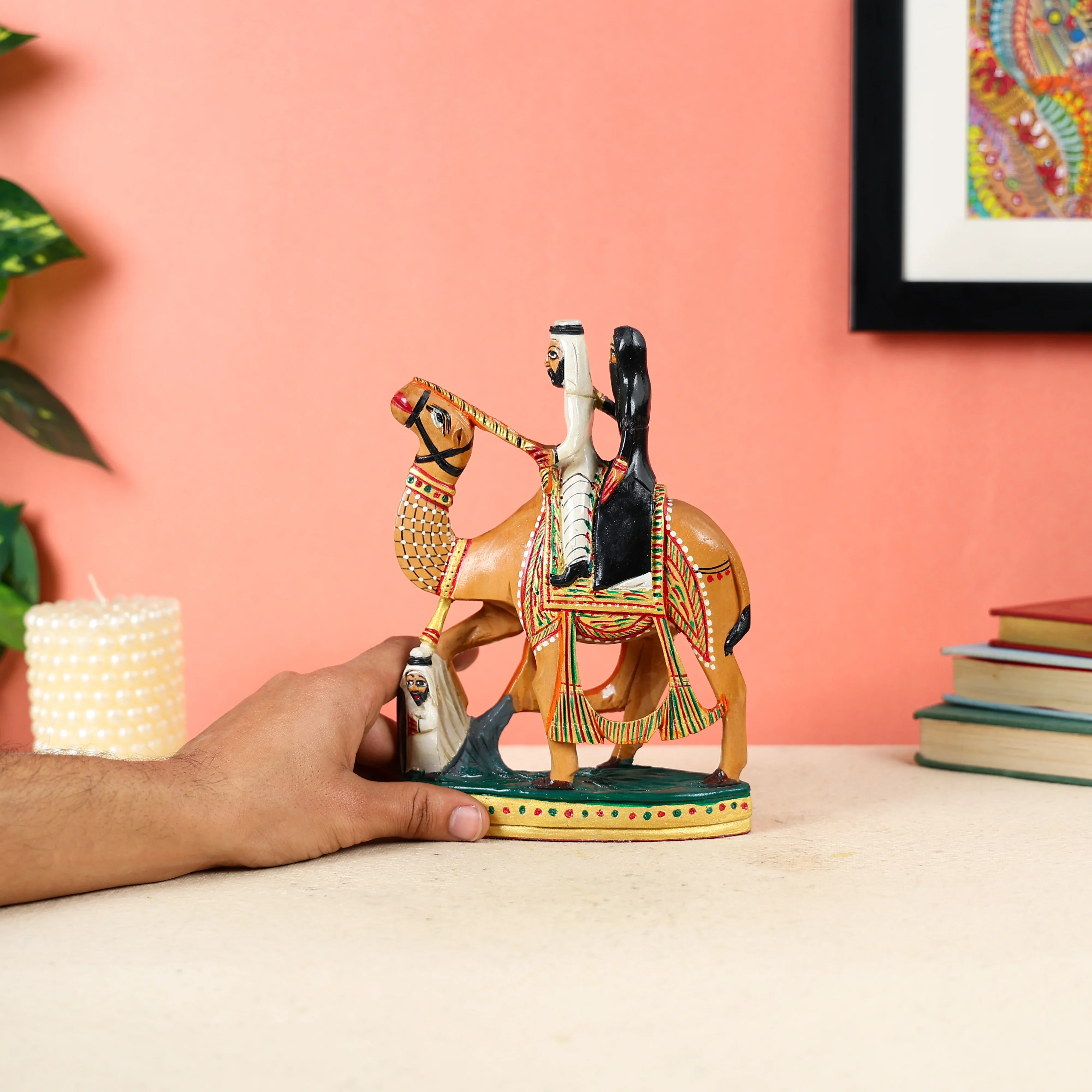 8" Kadam Wood Carved & Hand Painted Arabian Couple Riding Camel Table Decor - Image 5